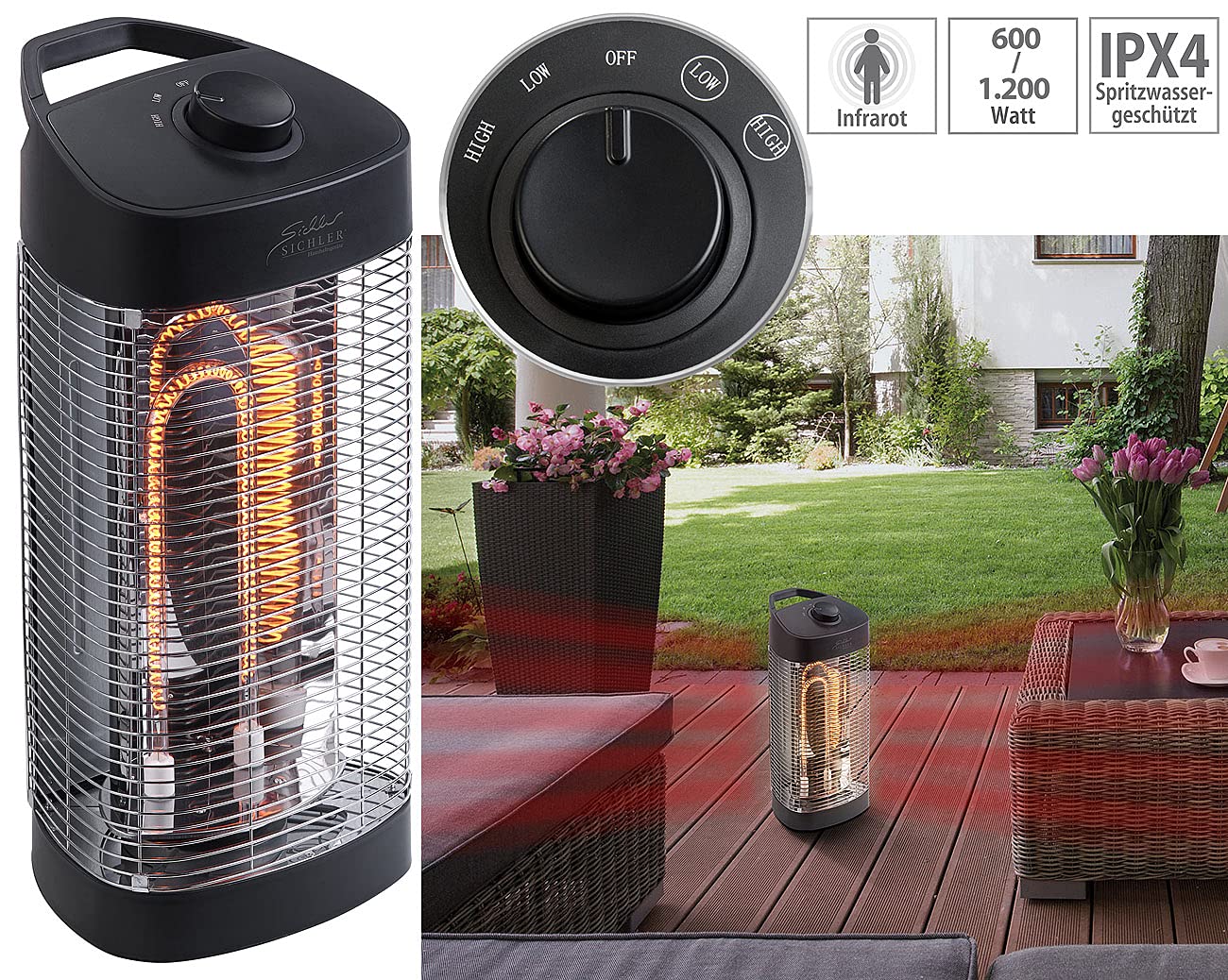 Sichler Haushaltsgeräte Stufa a infrarossi da terra oscillante 1200 W IP24 per interni ed esterni protetti nera