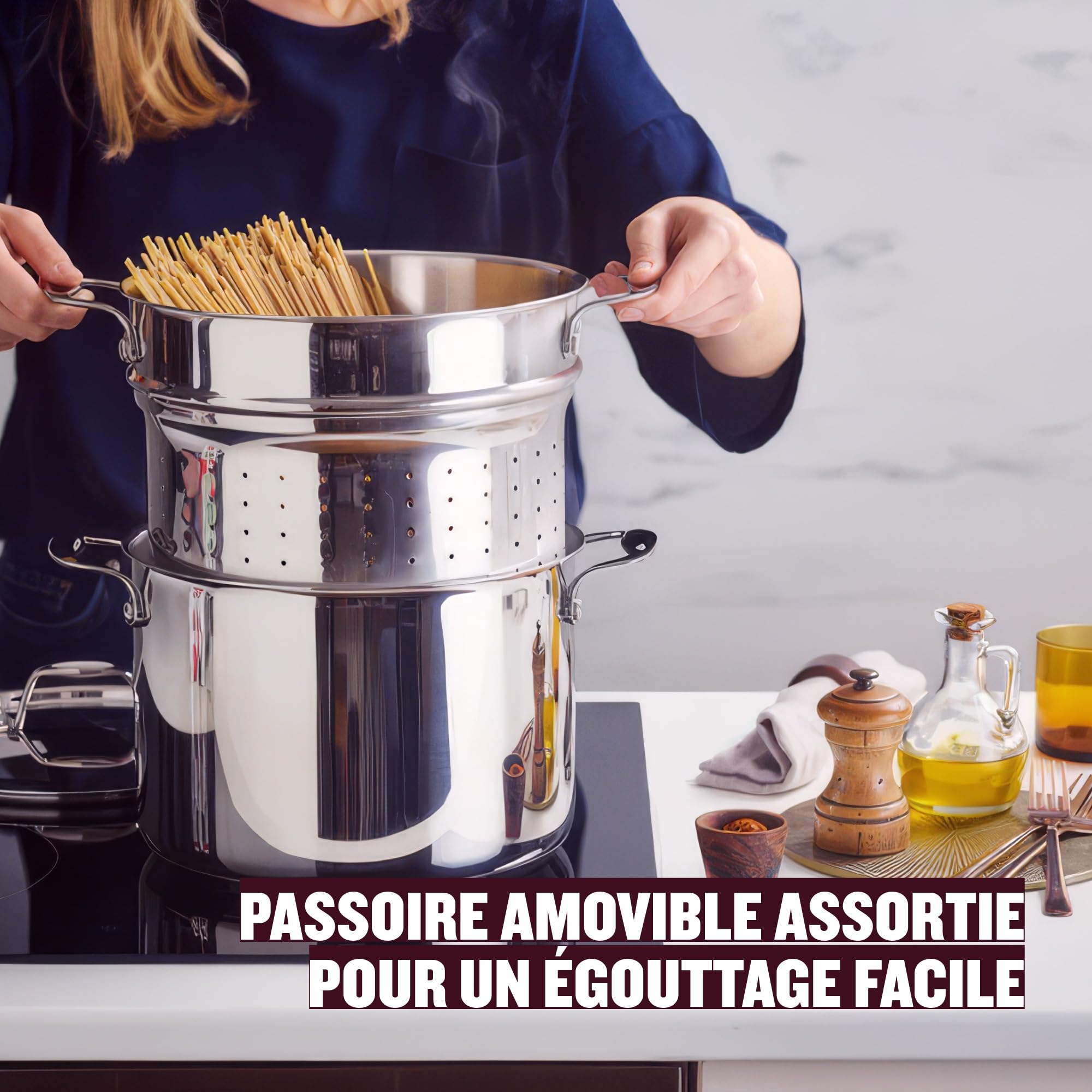 Beka Chef Marmite à Pâtes Inox 18/10 - 24 cm - 7,6 Litres - Panier Passoire Inclus - Tous Feux Compatible Induction, Argenté