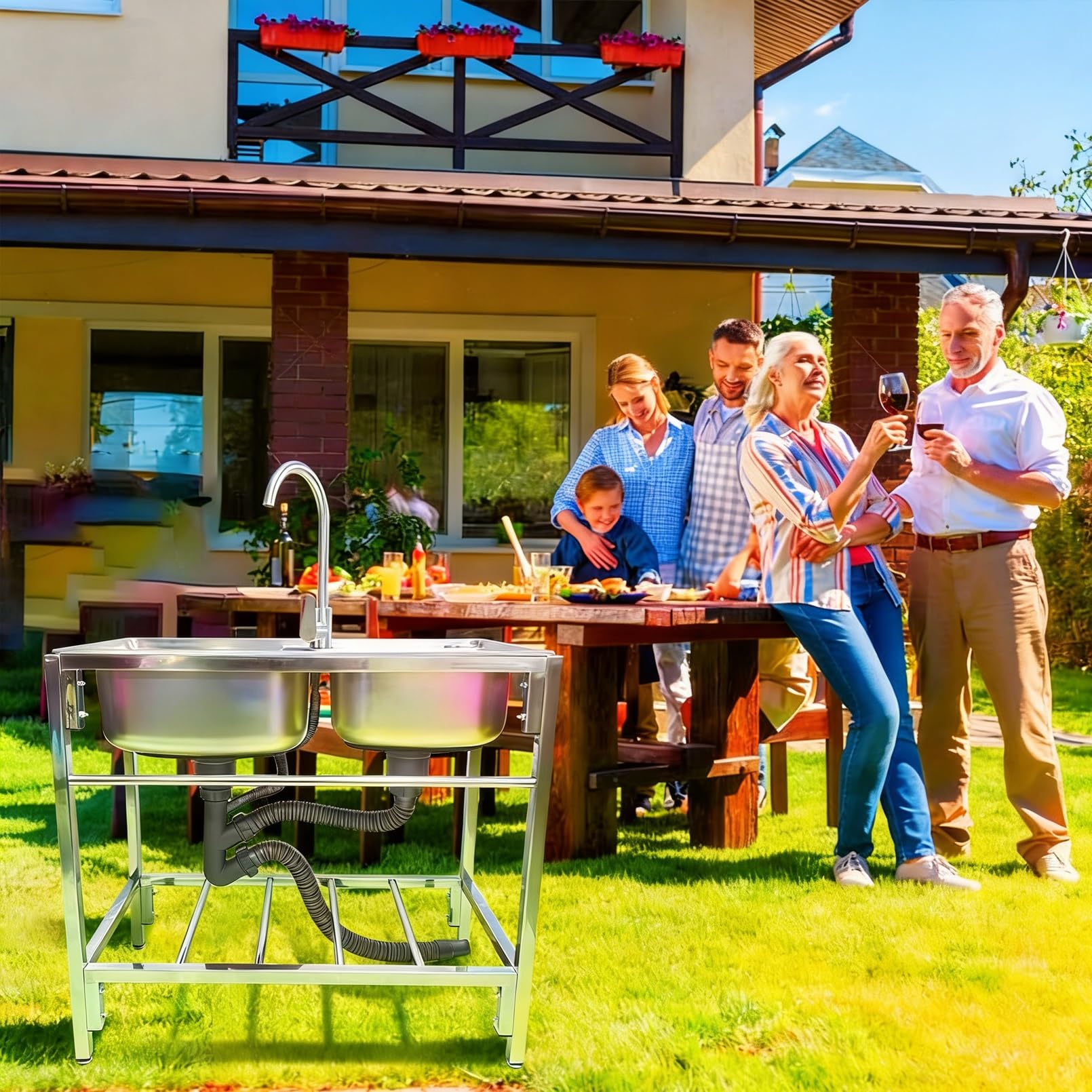 Edelstahl-Spülbecken mit Zwei Becken, freistehend, mit Kalt- und Warmwasseranschluss, für Garten, Küche, Waschküche, Garage und Außenbereich