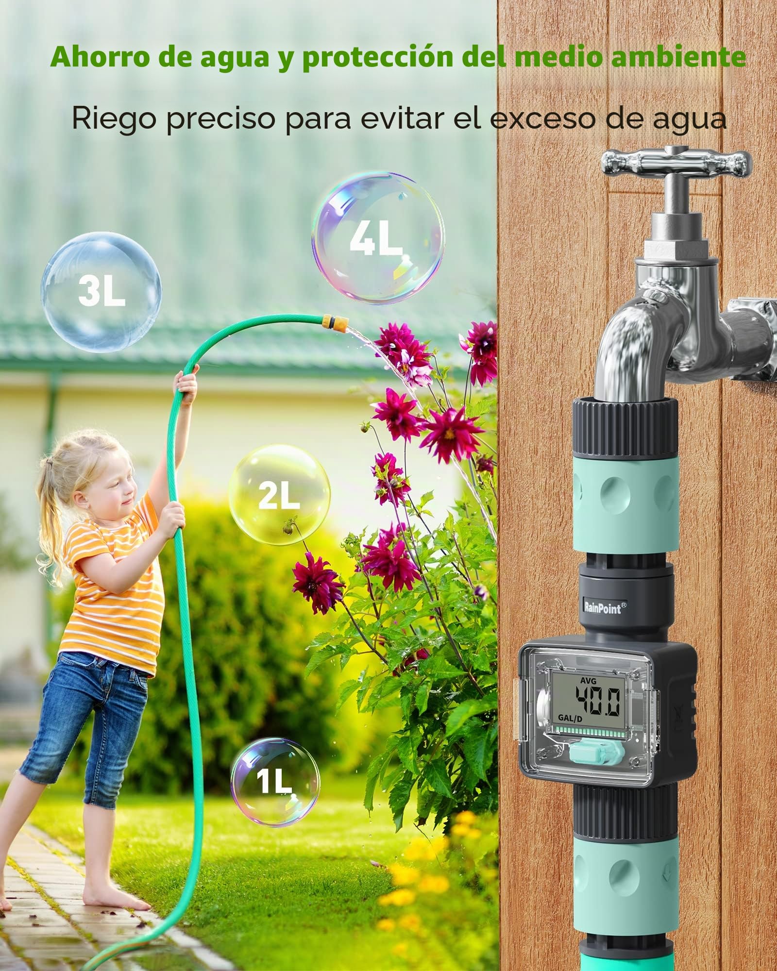 RAINPOINT Contador de Agua, Caudalimetro Agua Digital para Manguera de Jardín de 3/4 Pulgadas, 4 Modos para Controlar el Consumo de Agua, Impermeable IPX6