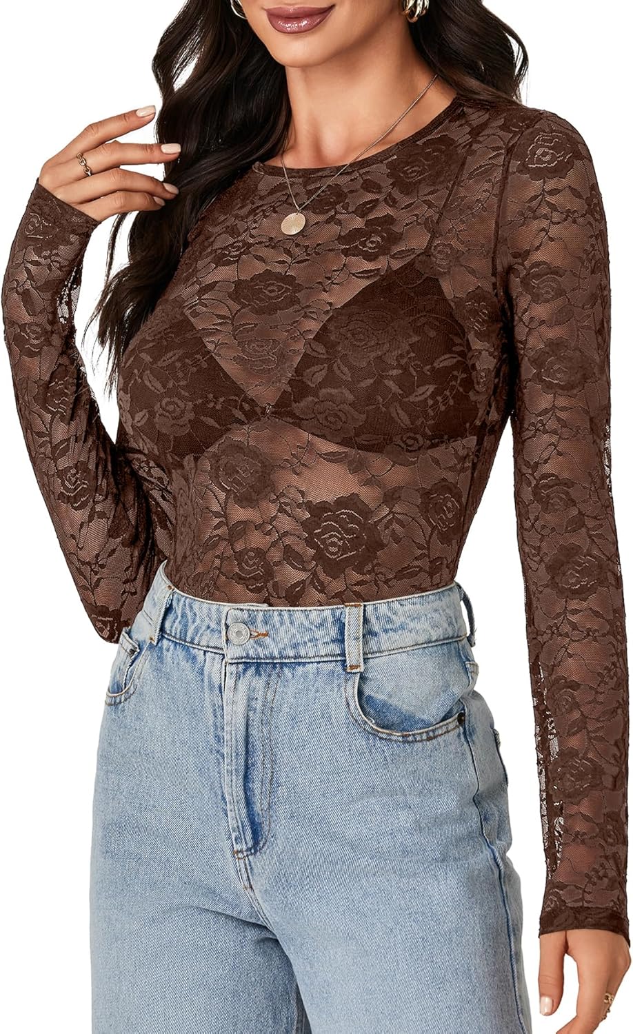 LYANER Women's Sexy Mesh Top Floral Long Sleeve See Through Shirt Lace Sheer Blouses - Image 3