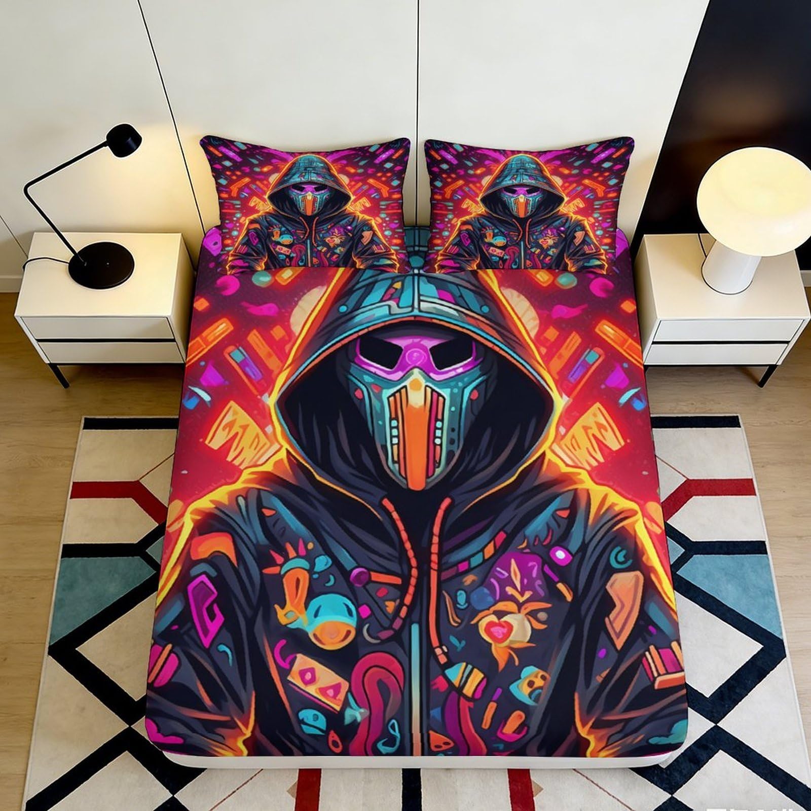 3D Printed Neon Graffiti Hoodie Fitted Sheet Microfiber Soft Vibrant Street Mask Bed Cover for Bedroom Dorm Decor 160x200x25cm