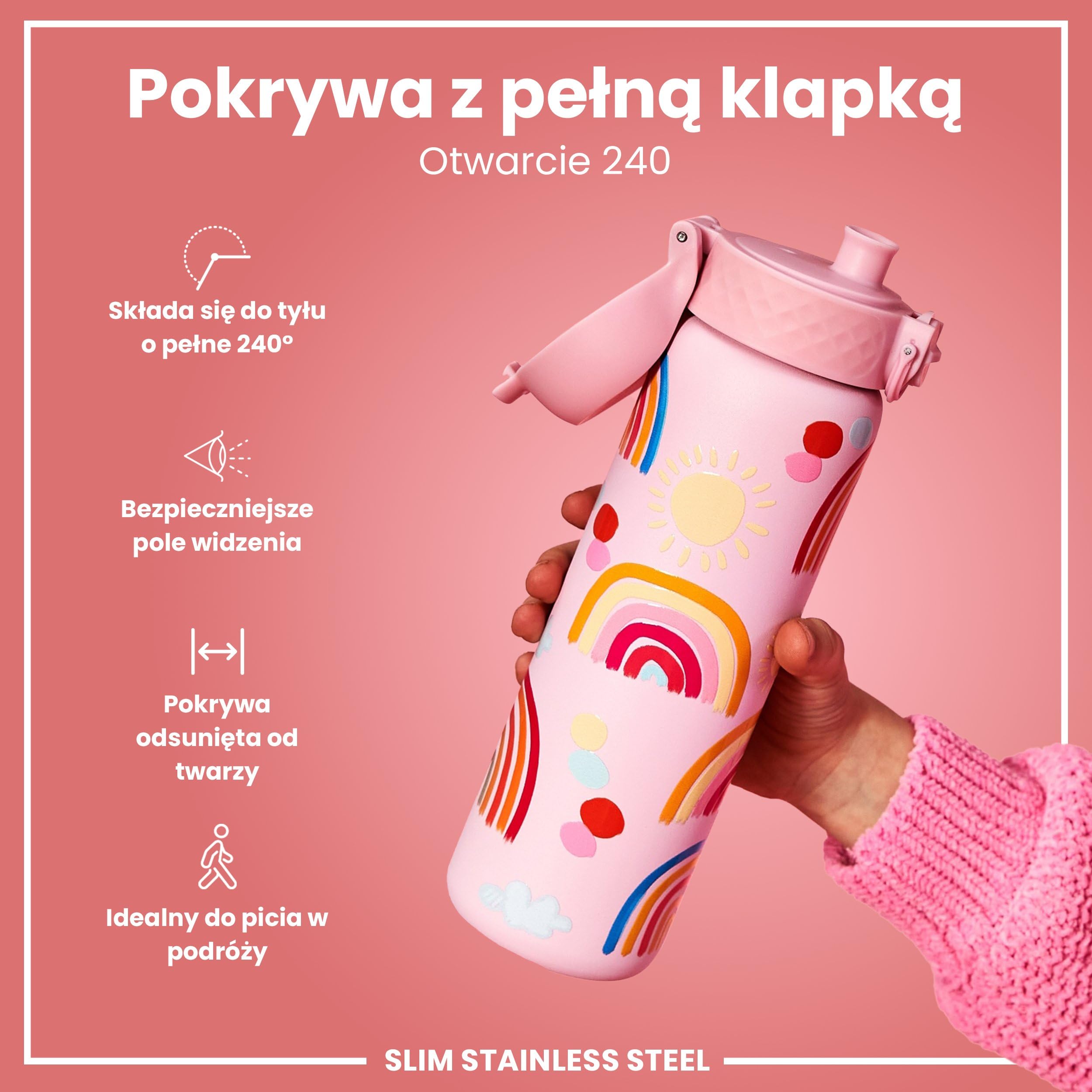 ION8 Butelka na Wodę ze Lekki Stali, 600 ml/20 oz, Nieocieplany, Szczelna, Łatwe Otwieranie, Bezpieczny Zamek, Można Myć w Zmywarce, Higieniczne Pokrycie, Składany Uchwyt, Tęcze