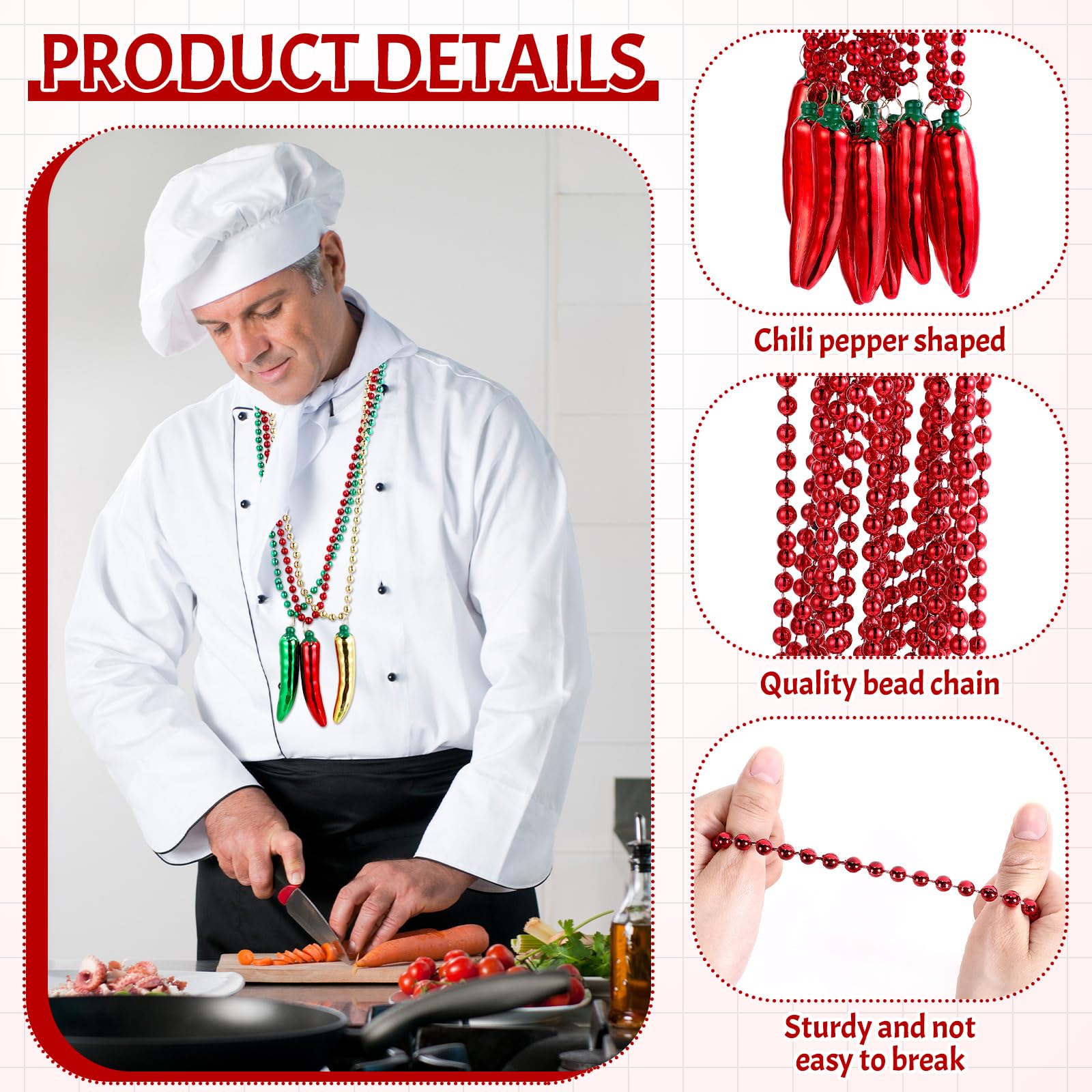 Ecally 36 Pcs Chili Pepper Bead Necklaces Hot Chili Beaded Decoration Pepper Party Favor for Festival Fiesta Cinco De Mayo Mardi Gras Cooking Competition