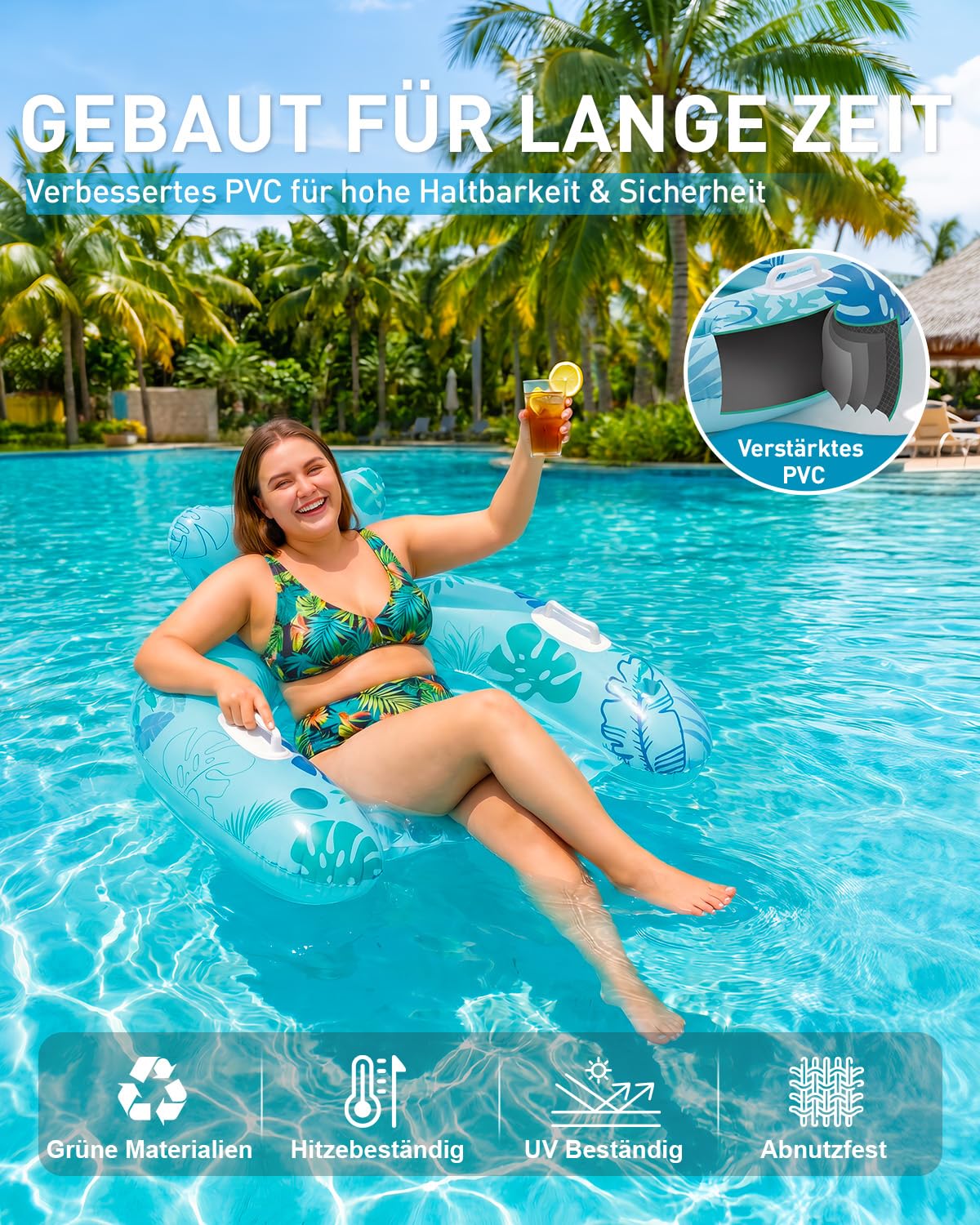 SOLAVERO Aufblasbare Poolsessel, 2 Stück Schwimmende Pool Luftmatratzen für Erwachsene, Wasserhängematte mit Getränkehalter & Griff, Robuster Schwimmstuhl mit Kopfstütze für Pool, Sommerparty, Strand