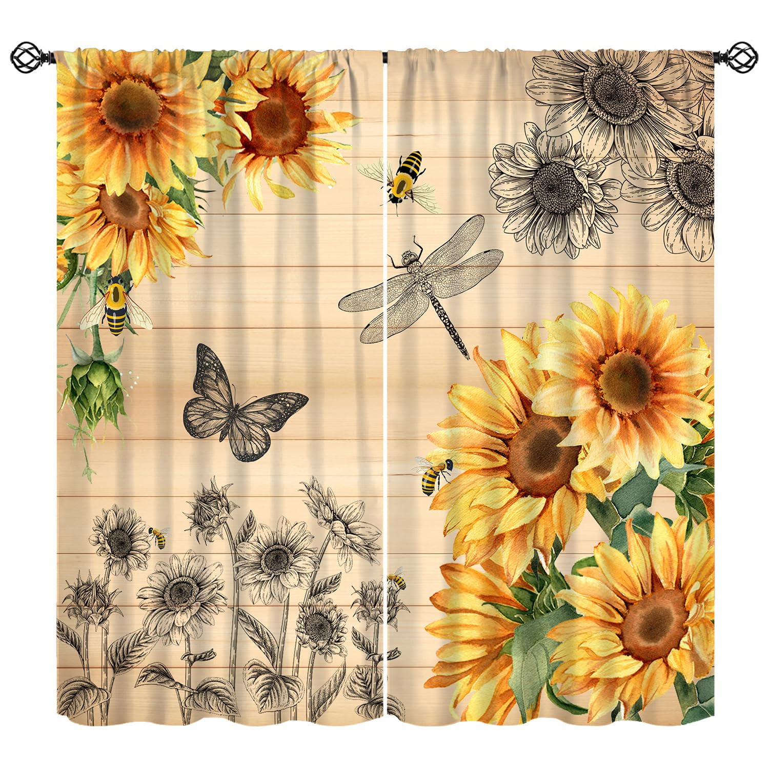 KANEPE Sunflower Curtains, Dragonfly Butterfly Silhouette Wooden Plank Farmhouse Window Treatments, Rod Pocket Thermal Insulated Drapes 2 Panel Sets for Bedroom Living Room, 42