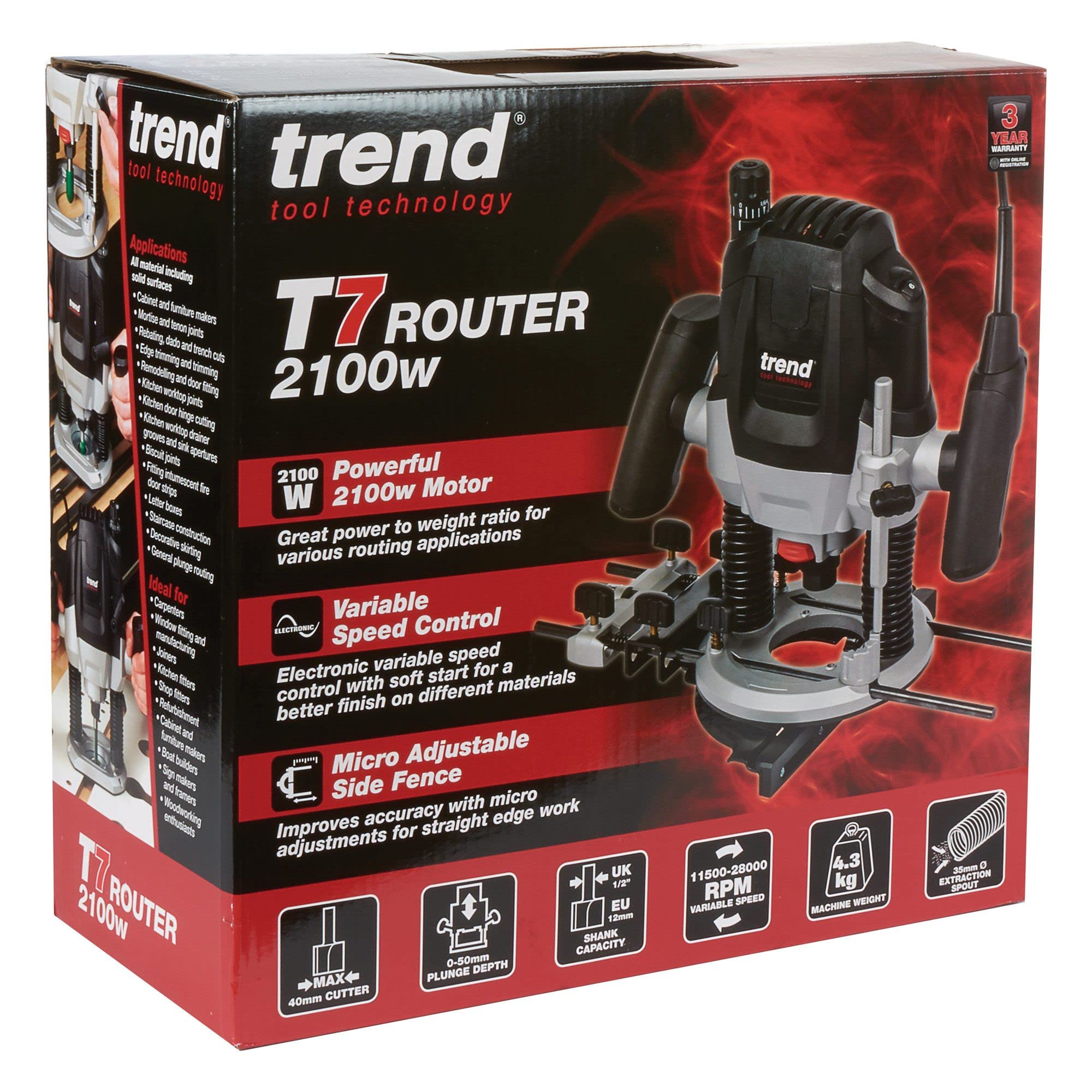 Trend T7 Oberfräse 2100 W, 12 mm Spannzange, variable Drehzahl, 50 mm Frästiefe, Sanftanlauf, 230 V, für Arbeitsplatten, Nuten und Profilfräsungen, im Koffer, T7EK/EURO