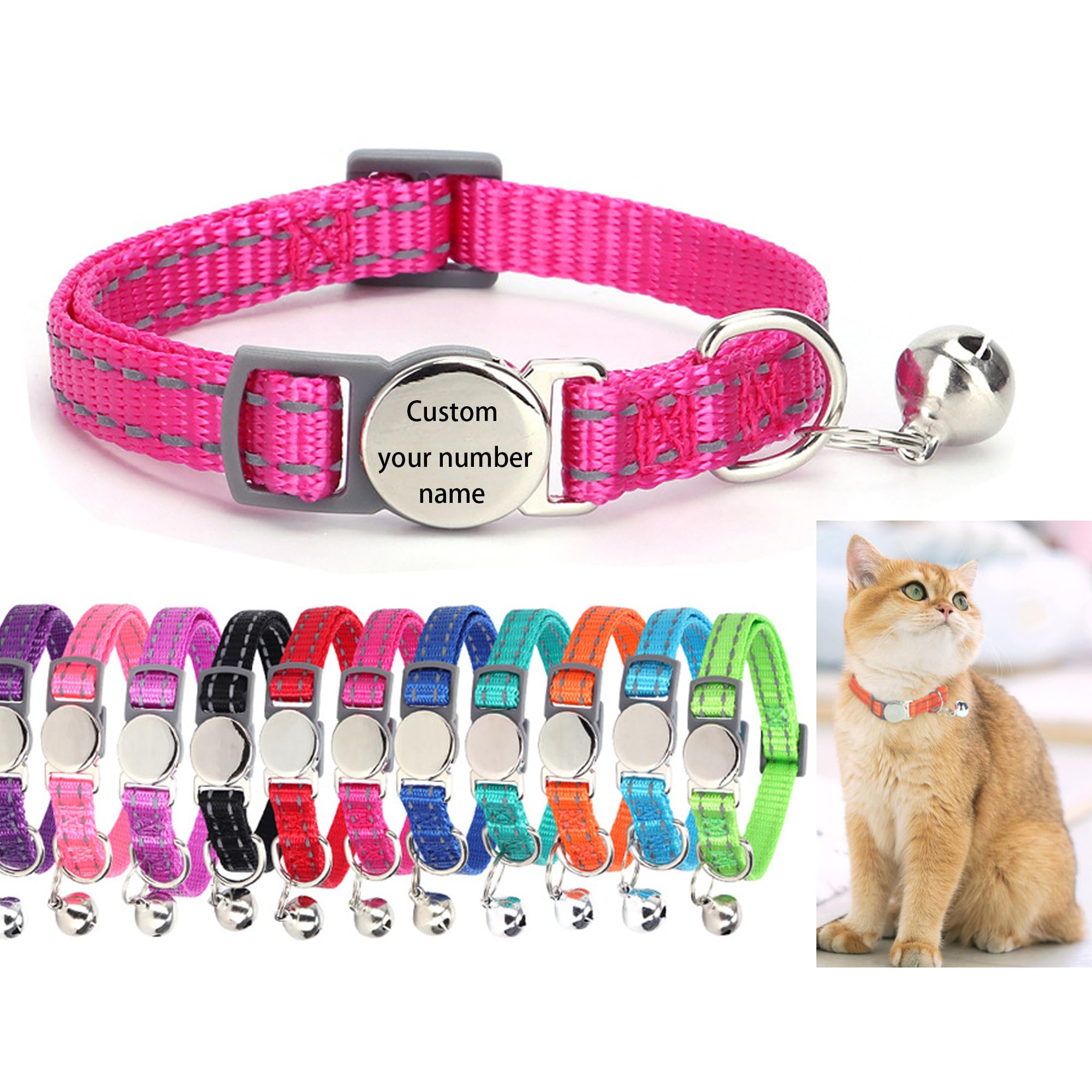 Collar reflectante personalizado para gatos con campana, collar grabado para mascotas con nombre y número, hebilla de seguridad separable, ajustable para gatos/gatitos