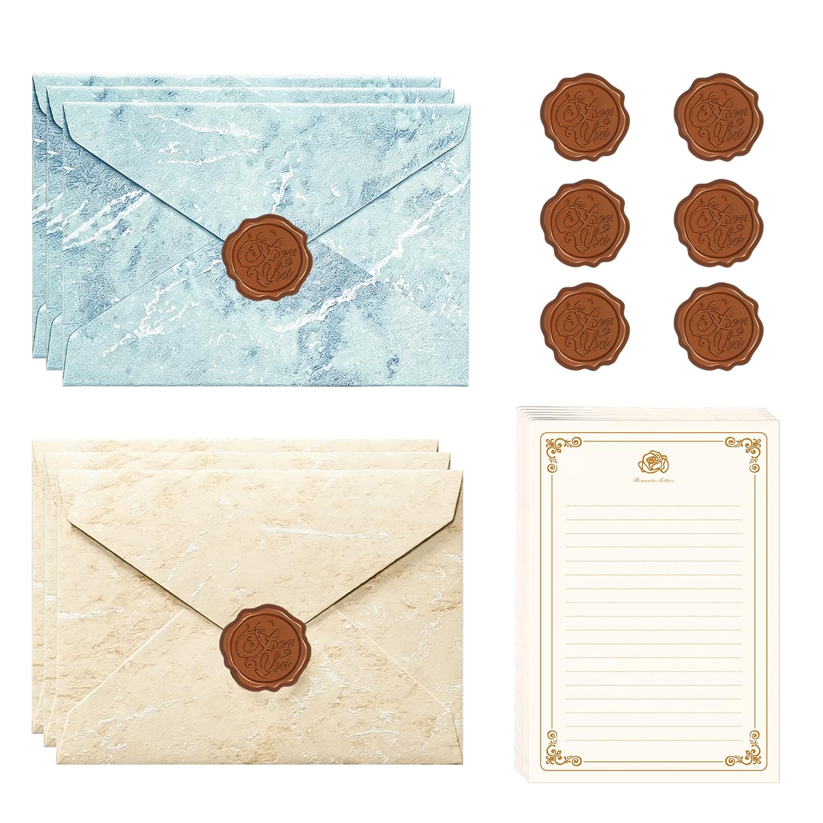 Ensemble de Papeterie Vintage avec Papier à Lettre, Enveloppes, et Autocollants Sceau de Cire