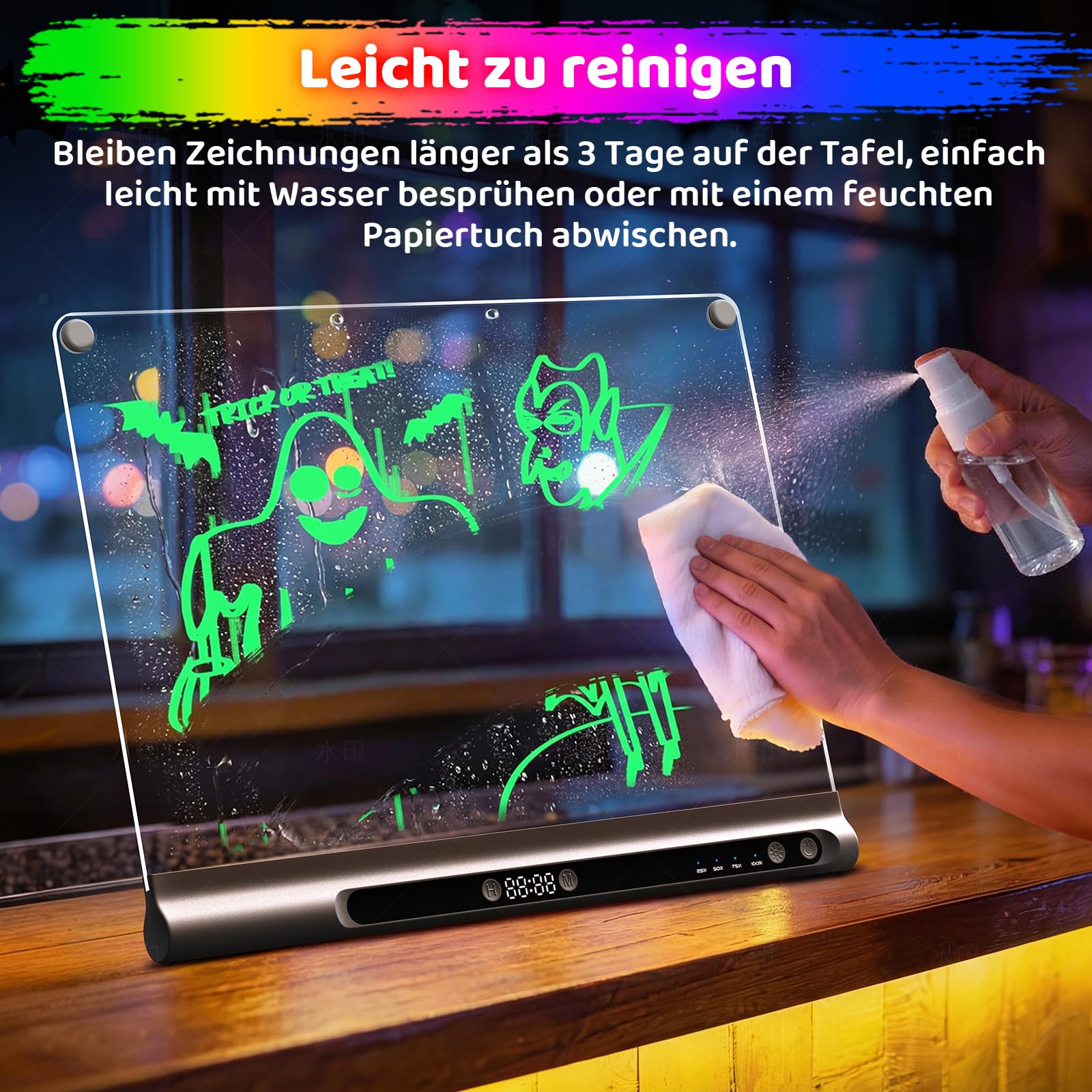 Geokay LED Zeichenbrett für Kinder, Wiederaufladbare LED Maltafel 41 cm, 9 Lichtmodi mit Timer & Ständer, LED Zeichentafel für Mädchen & Jungen, 6 Stifte & Vorlagenbuch, Schwarz