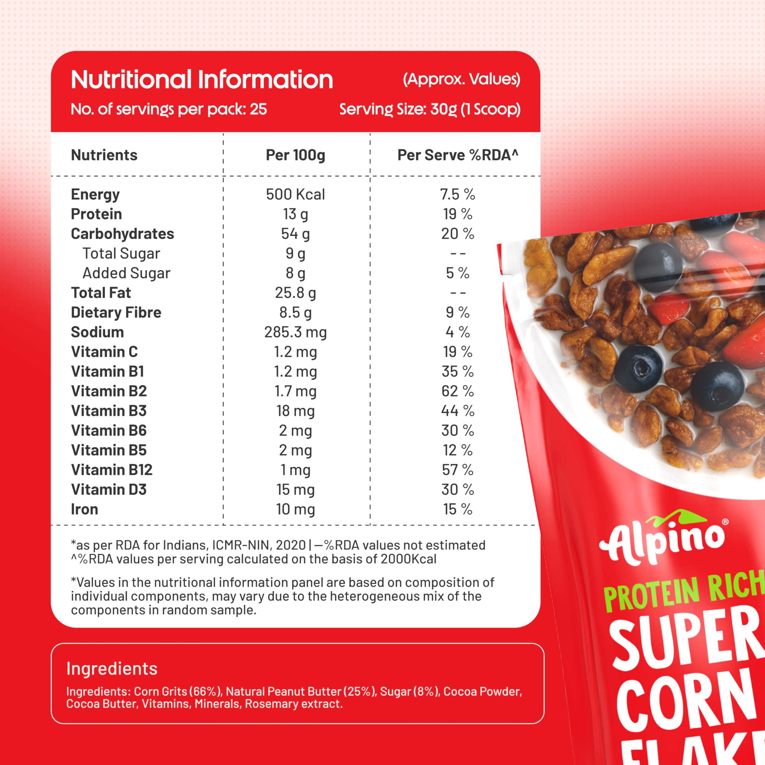ALPINO Protein-Rich Super Corn Flakes Chocolate 750g - 13% Protein, Natural Peanut Butter, Brown Sugar - Source of Healthy Fats & Dietary Fibre, Added Vitamins & Minerals 3