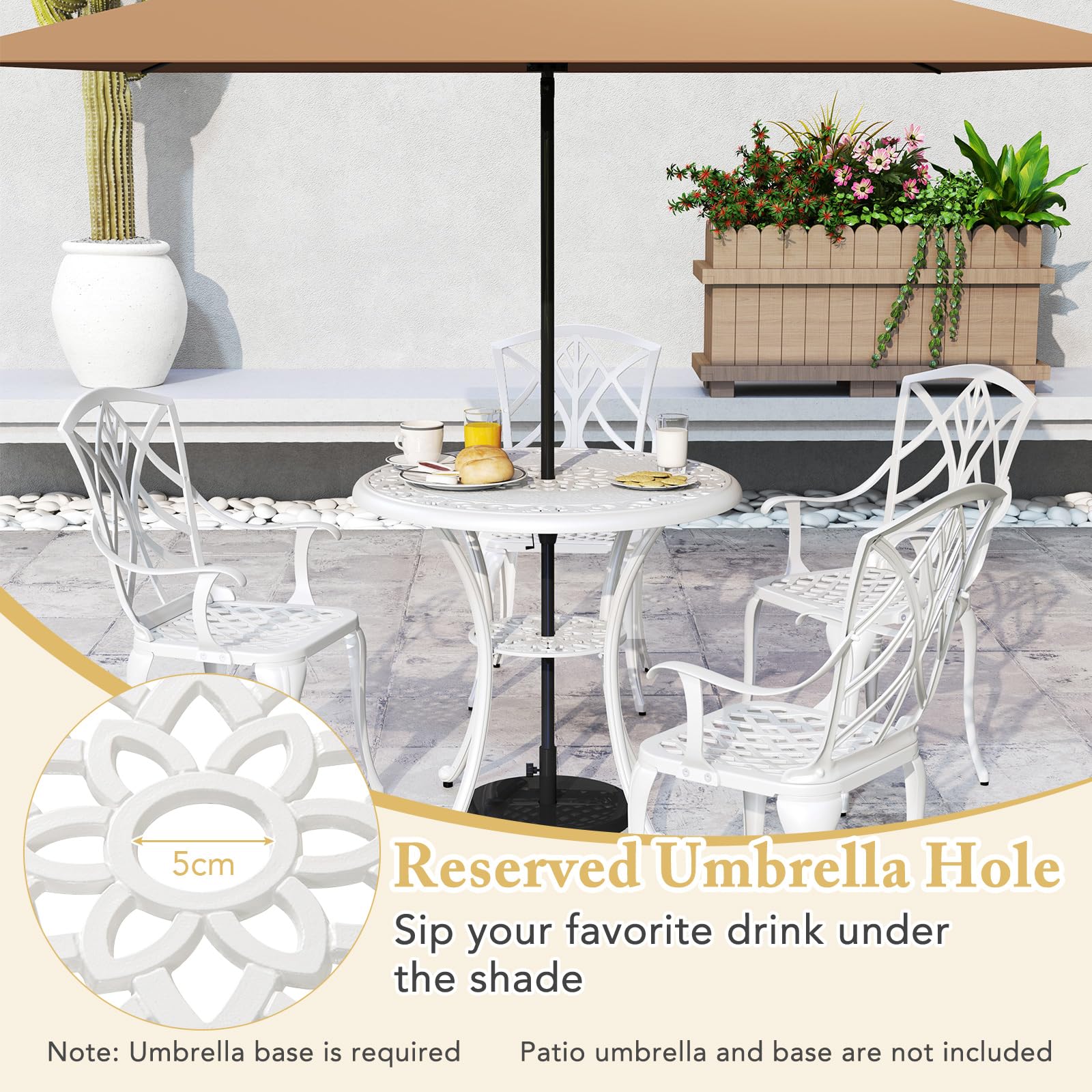 KOMFOTTEU Juego de Muebles de Jardín para 4 Personas, Conjunto de 4 Sillas y 1 Mesa con Agujero para Sombrilla, Juego de Bistró de Aluminio Fundido para Terraza, Balcón