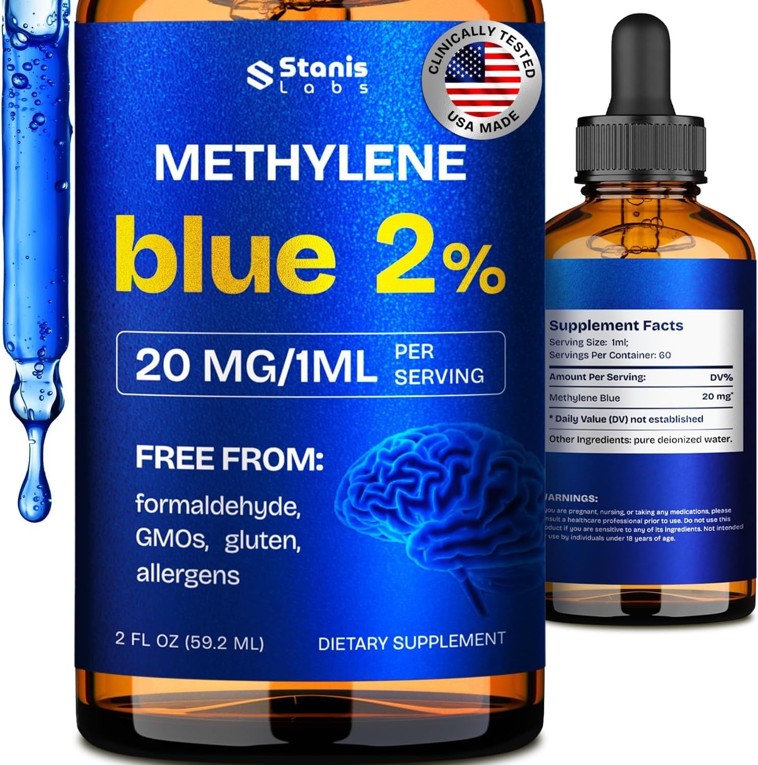 Supreme Methylene Blue Drops 2% (USP Grade) | Brain Supplements For Memory and Focus Fuel | 3rd Party Tested & Ultra High Purity | USA Made Methylene Blue For Humans - 60 Servings, 2 FL.OZ, 1 Pack - Amazon product rated Grade B