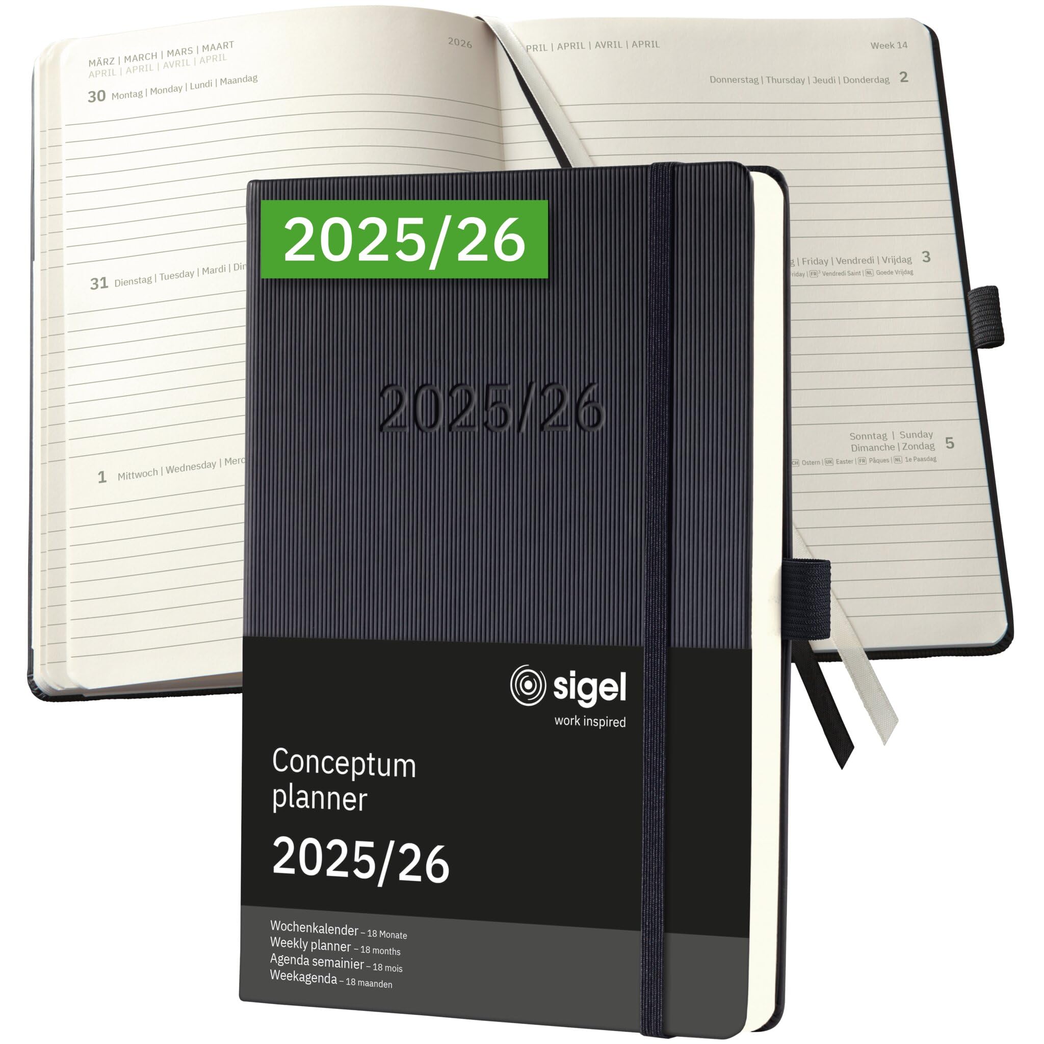 SIGEL C2601 Wochenplaner Wochenkalender 2025/2026, ca. A5, schwarz, Hardcover, Gummiband, Stiftschlaufe, Archivtasche, aus nachhaltigem Papier, 18-Monatskalender, Kalenderbuch Conceptum
