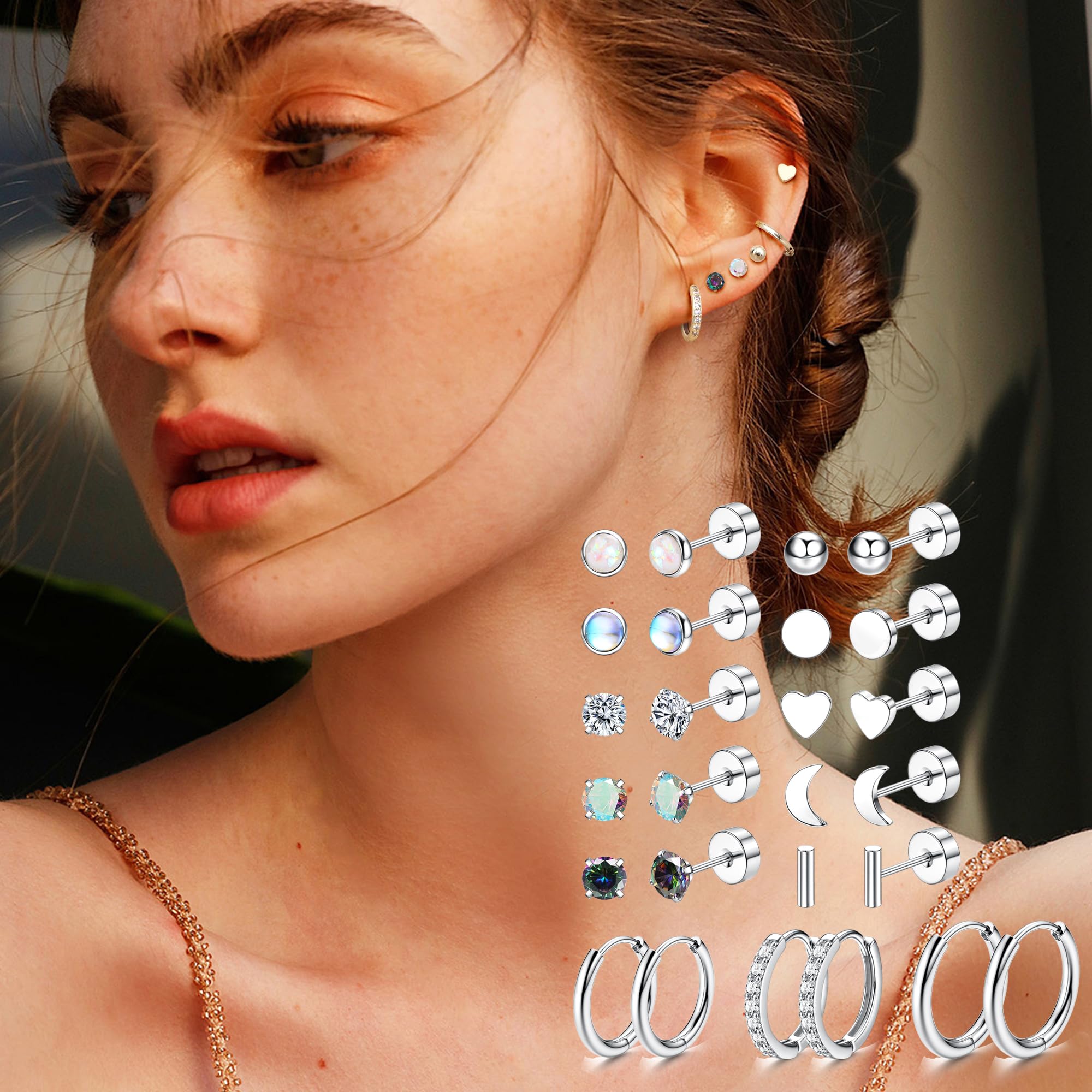 Flat Back Stud Earrings for Sensitive Ears - Surgical Steel Earrings for Women Men - Small Cubic Zirconia Opal Stud Hoop - 20G Screw Back Cartilage Earring Sets for Multiple Piercing 13Pairs