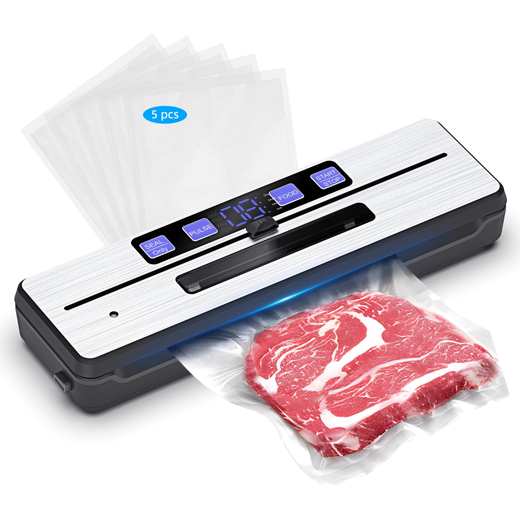Envasadora al Vacío, Maquina al Vacio de Alimentos con 6 modos, bandeja recogegotas extraíble, cuchilla de corte y dos cables calefactores