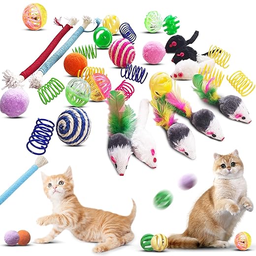 Cat Toys for Indoor Cats - 34 Packs Interactive Set with Colorful Springs, Mouse Toy, Catnip Ropes, Balls, Bells, and Sisal Ball for Kittens