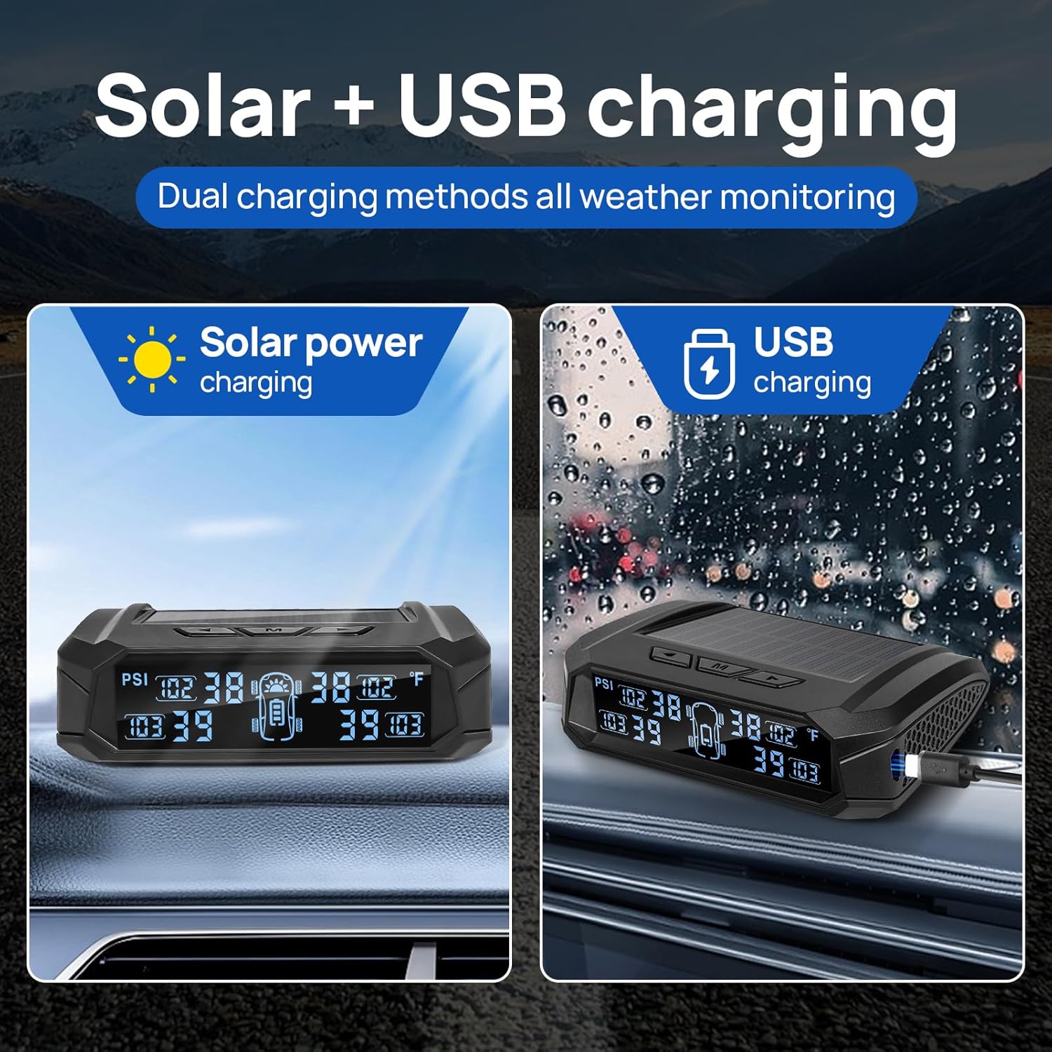 RV tire Pressure Monitoring System, Wireless TPMS Tire Pressure Monitor System with Solar Charger, RV TPMS with 4 tire Pressure Sensors & 6 Alarm Modes(0-87 PSI)