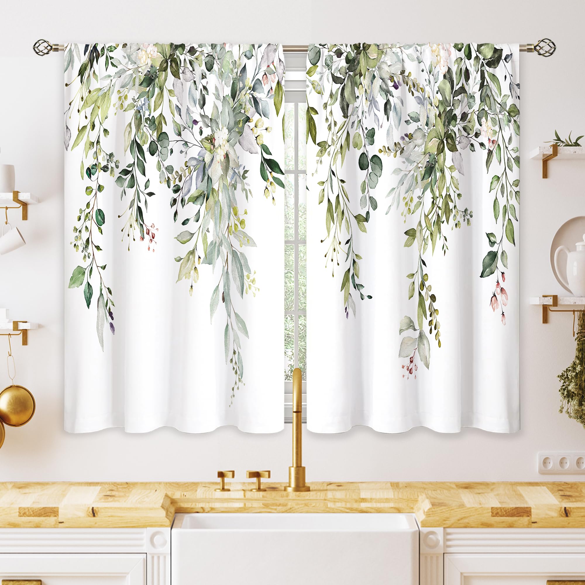oolygoo Eucalyptus Botanical Leaves Floral Kitchen Window Curtains Over Sink Farmhouse Flower Leaf Small Window Treatment Sage Green Cafe Short