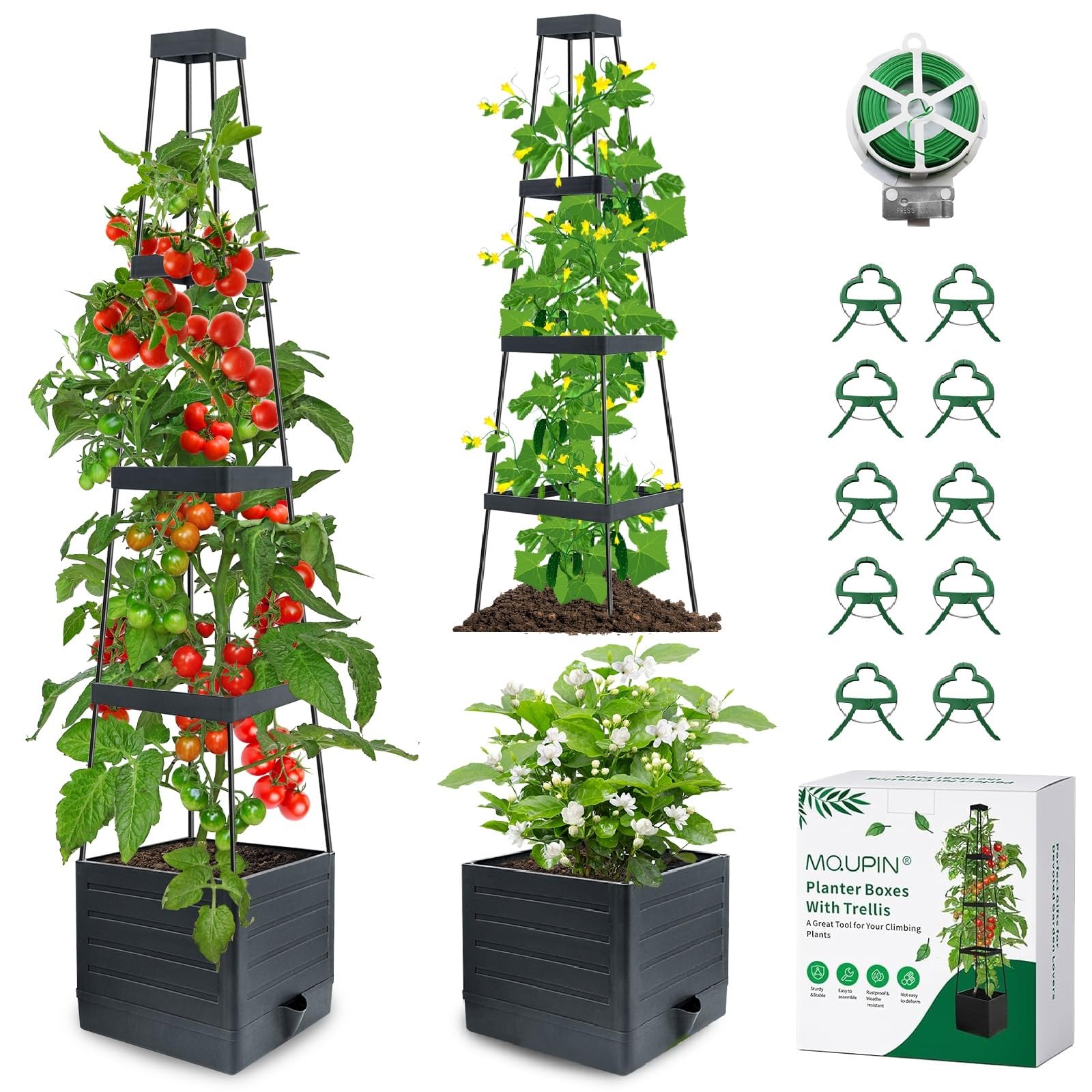 MQUPIN 145cm Tomaten Pflanzkästen, 2 Stück Hochbeet mit Rankgitter zum Klettern von Gemüse, Pflanzen, selbstbewässernde Pflanzkästen für den Außenbereich, verstellbare Rankenstütze
