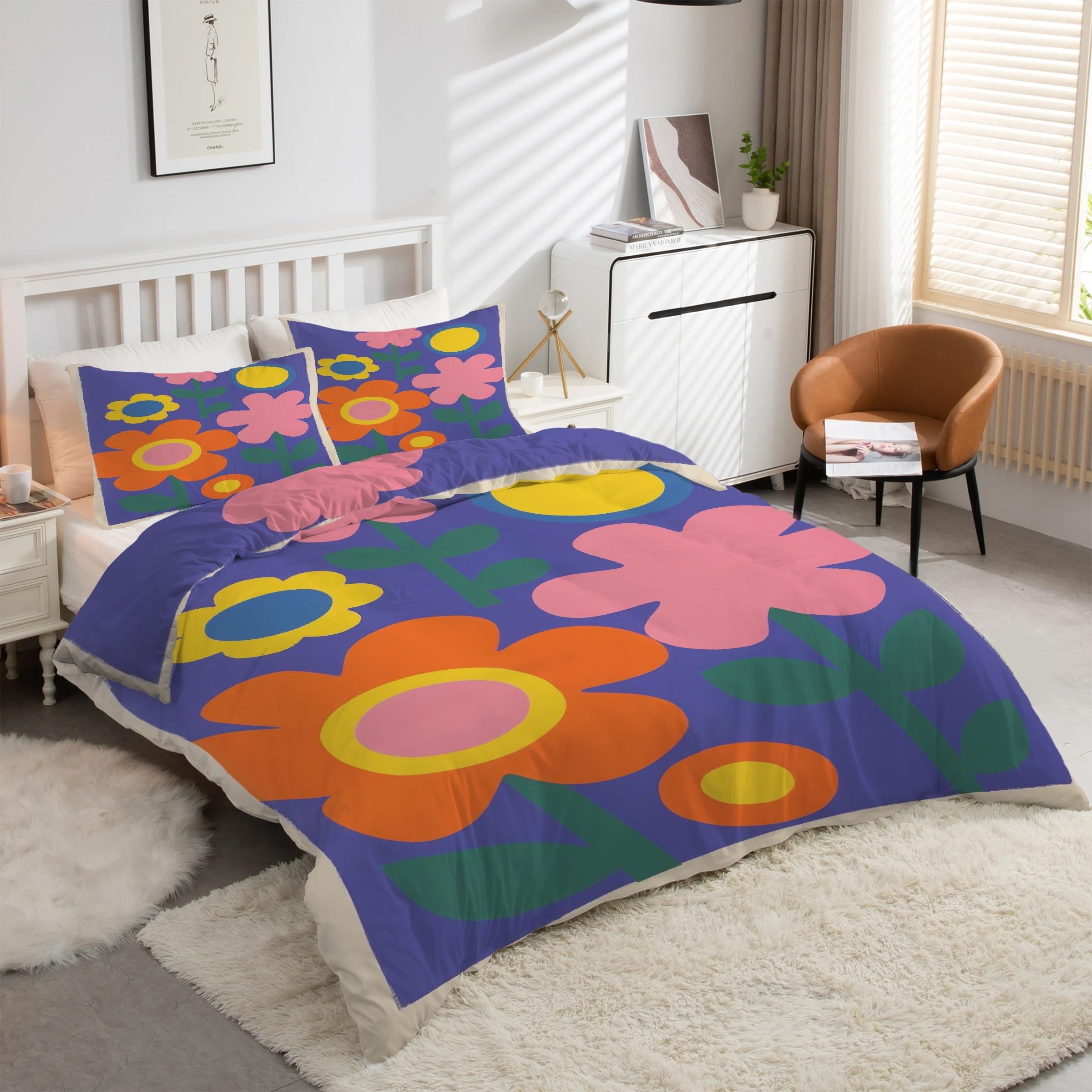 Housse de couette 240 x 260 fleurs anti-plis avec fermeture éclair pour lit double