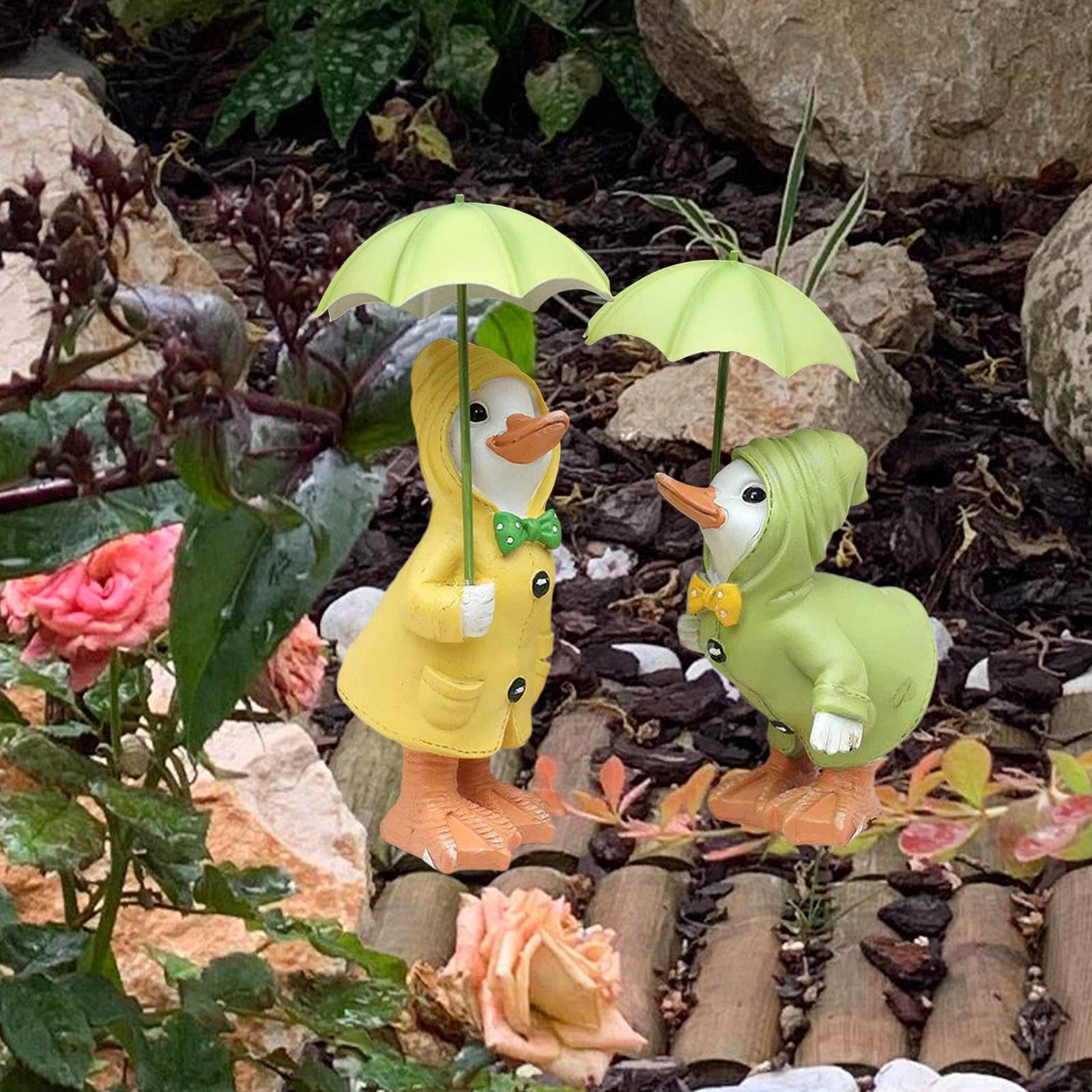 2 Statuette di Anatre con Ombrello, dipinte a Mano, per caffè, Giardino, libreria, Camera da Letto, Soggiorno, Cortile.