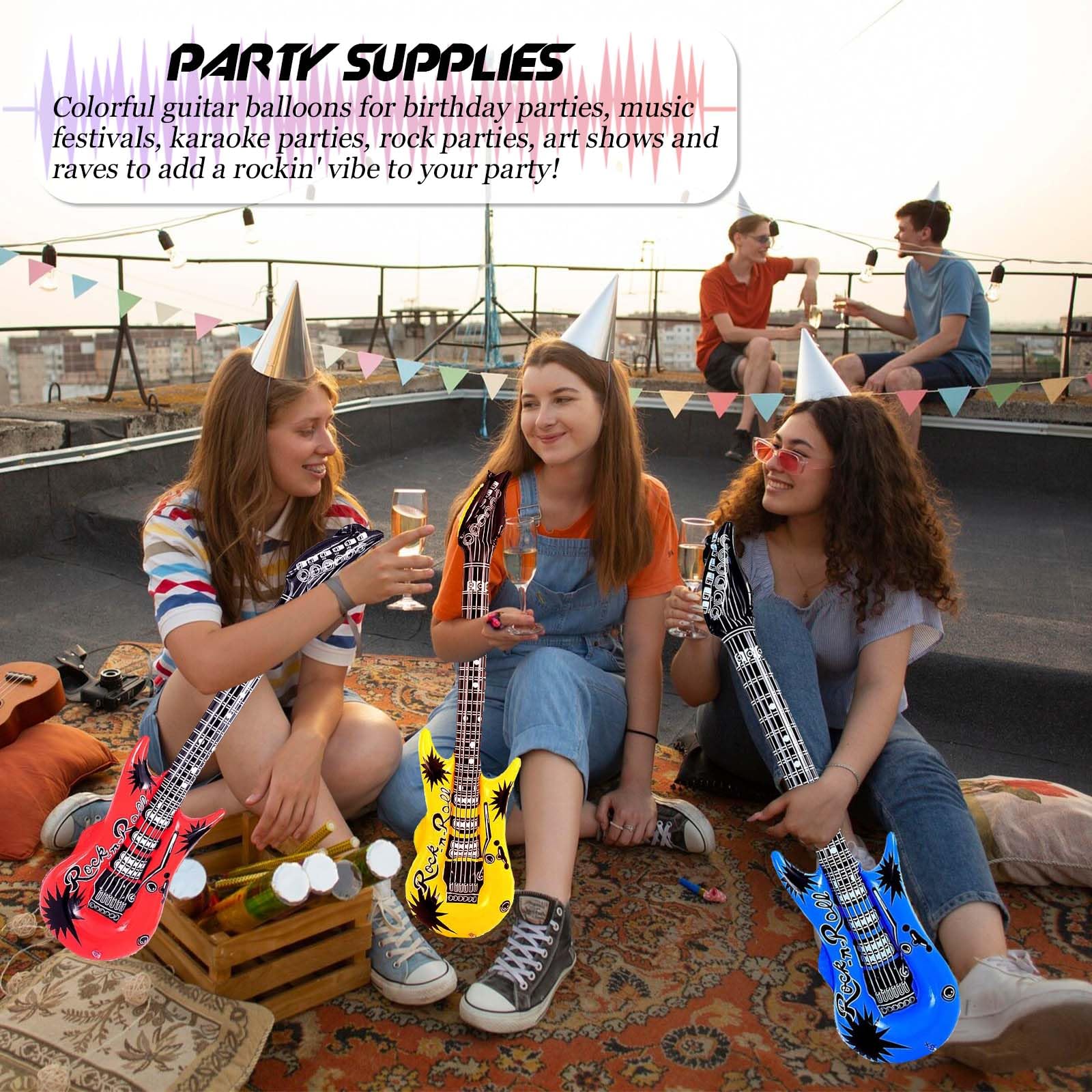 6 Guitares Gonflables Et Micros – Instruments Rock En PVC – Pour Fêtes, Carnaval Et Concerts – Multicolore