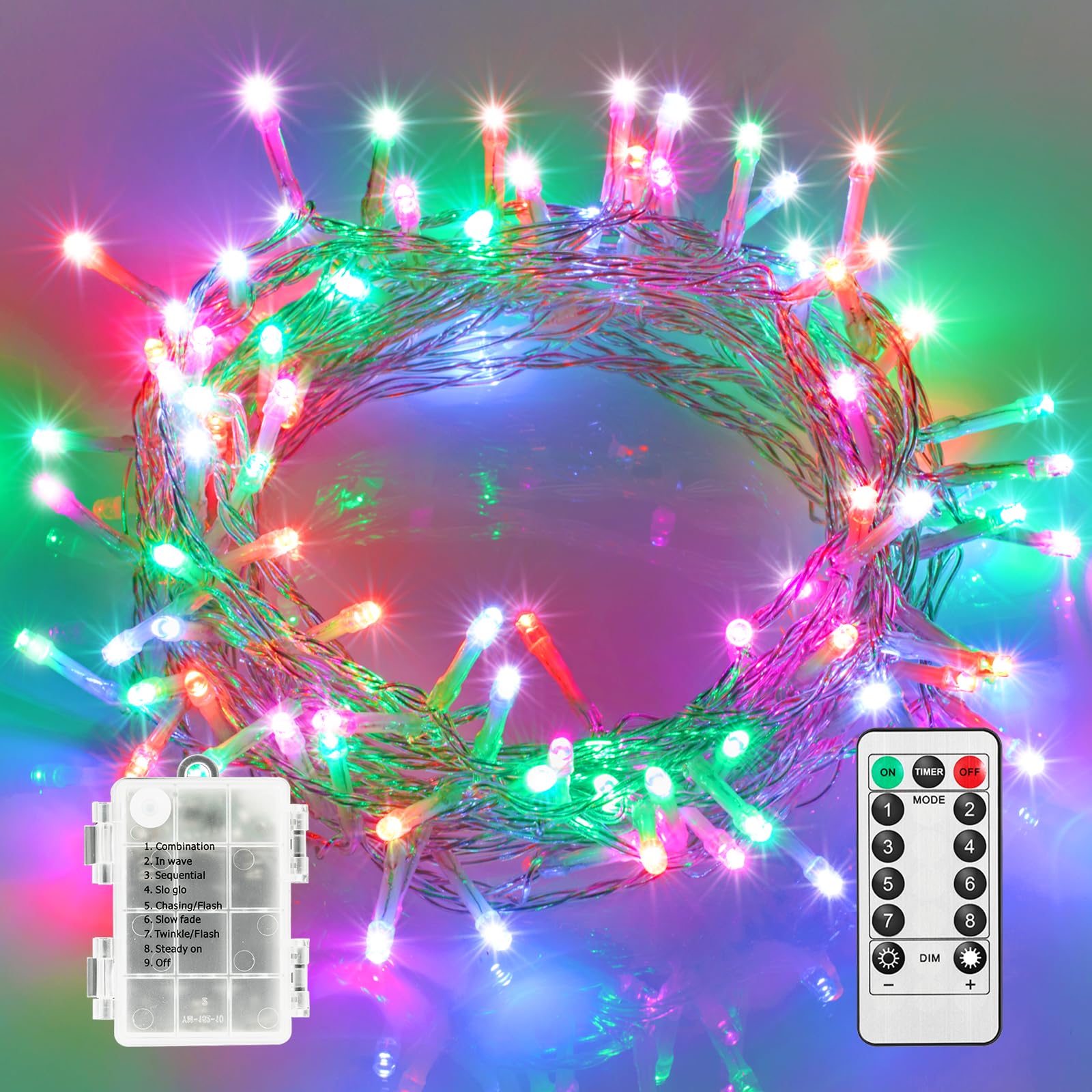 Twinkle Star Battery Operated LED Fairy Lights with Remote & Timer | 10m 100 LED RGB Indoor Outdoor Decoration Lights | Waterproof Battery Box | 8 Flashing Modes | Christmas Decoration, Multicoloured