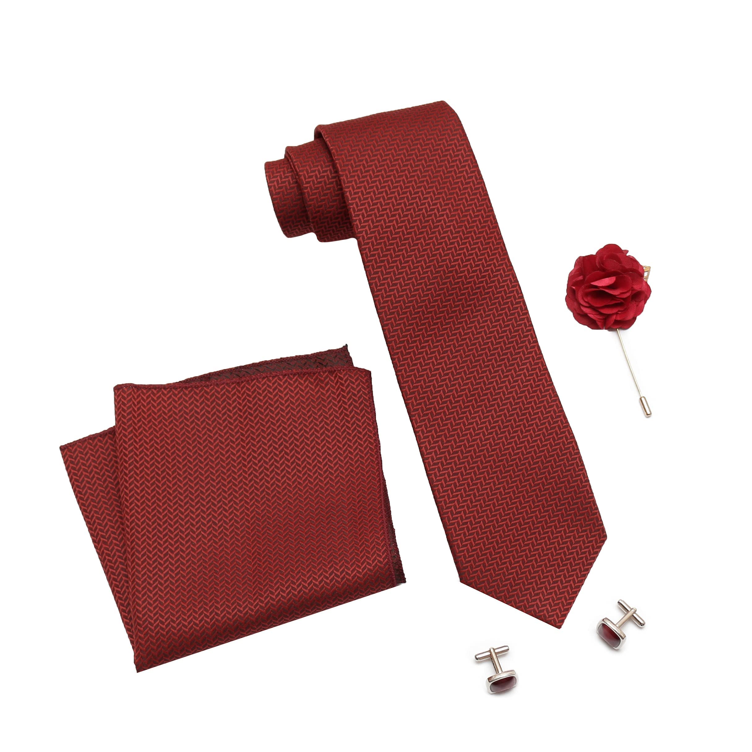 RIZORO Tie for Men – Self Silk Neck Ties Set with Cufflinks Flower Pin, Pocket Square & Black Gift Box, Combo Necktie Sets for Office Wear, Formal Suits & Weddings (Maroon1, SIDIMRRX_NW) 4