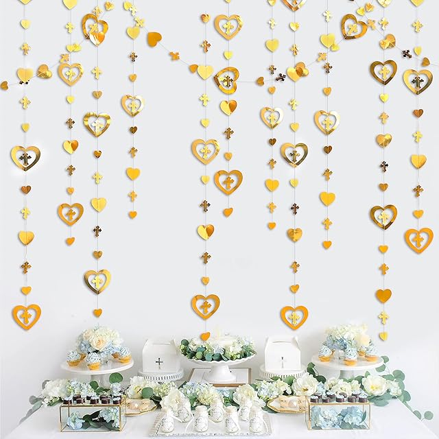 40 Ft Gold 3D Cross Heart Garlands Hanging Paper Streamer for First Holy Communion Religious Christian Baptism Wedding Bridal Baby Shower Birthday Anniversary Engagement Party Decorations