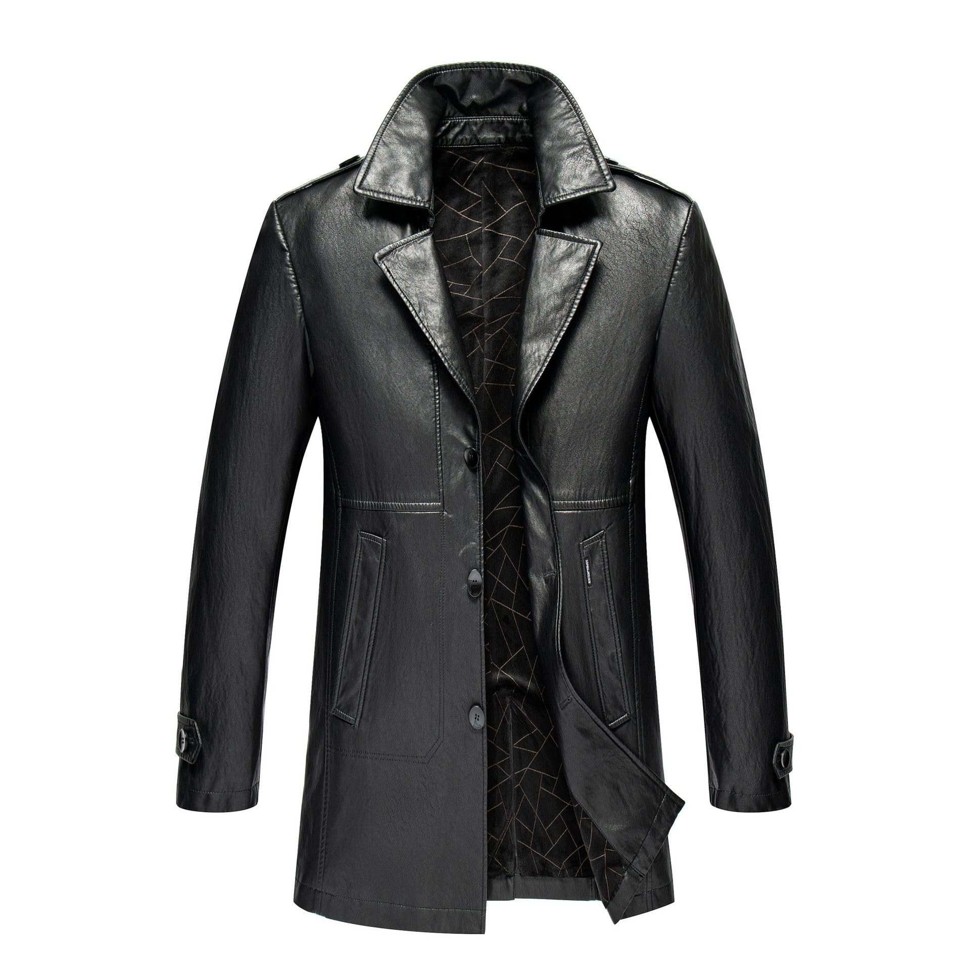 Giacca in Vera Pelle da Uomo, Cappotto Autunnale e Invernale con Risvolto da Lavoro, Giacca Antivento, Giacca Antivento di Media Lunghezza, Cappotto Caldo Autunnale e Invernale,Black-M