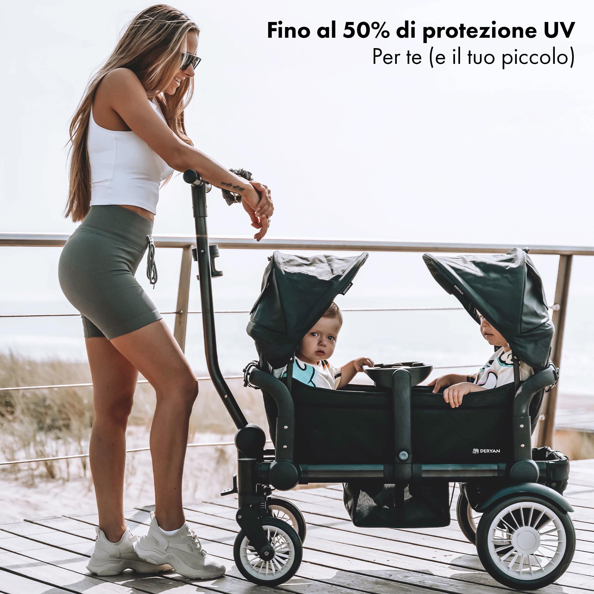 Deryan Luxe Sandy carretto a mano - Duo buggy - tandem buggy - pieghevole - carretto pieghevole - carrozzina duo - Nero
