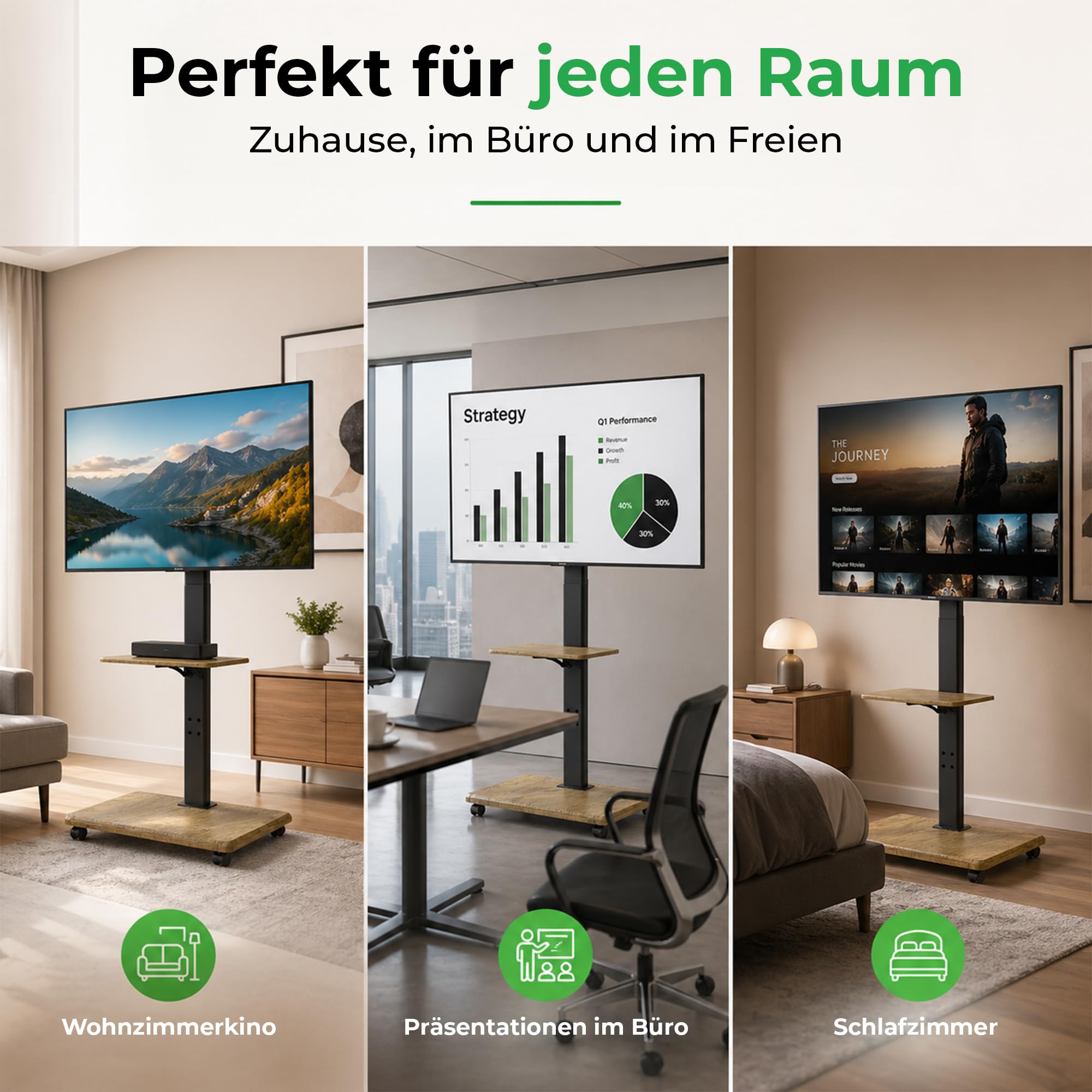 Delphos Mobiler TV Ständer Rollbar mit Holzfuß, Fernsehständer für 32-70 Zoll Fernseher bis zu 45 kg, Hoehenverstellbar bis ca.130 cm Drehbar ±25° Max.VESA 600x400