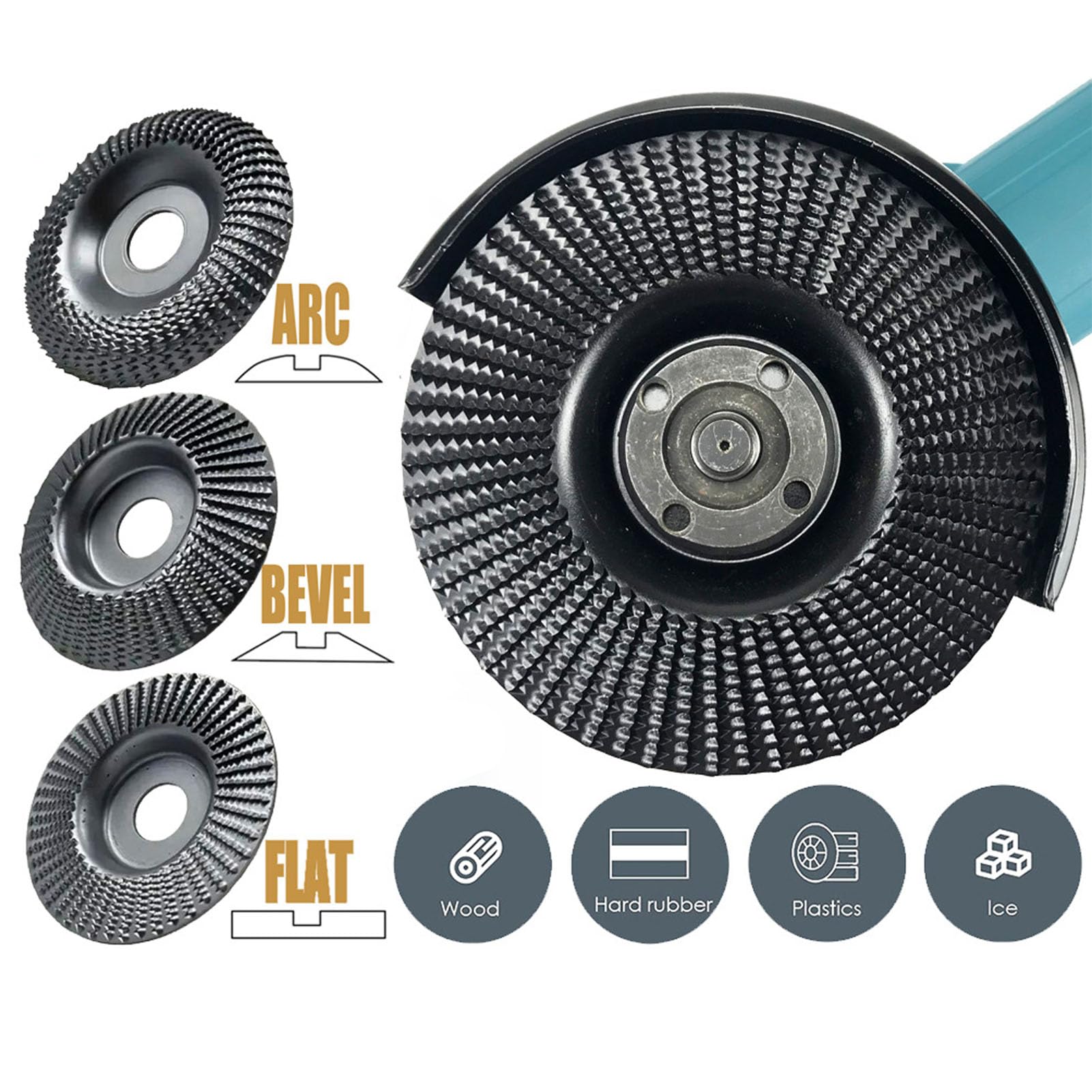 Jerliflyer 3Pcs Wood Carving Disc Set Stump Tool Grinder Disc Wheel Attachment Carbon Steel Plane Slope Arc Grinder 125mm Black for Angle Attachments Stump Teeth