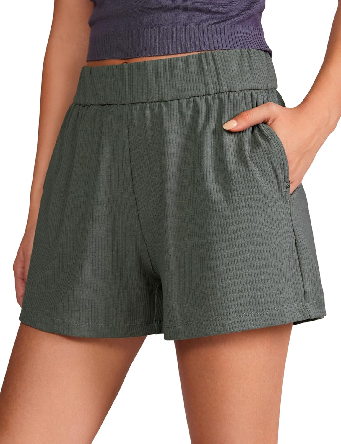 CRZ YOGA Comfy Ribbed Sweat Shorts for Women High Waisted Lyocell for Casual Lounge Athletic Jersey with Pockets