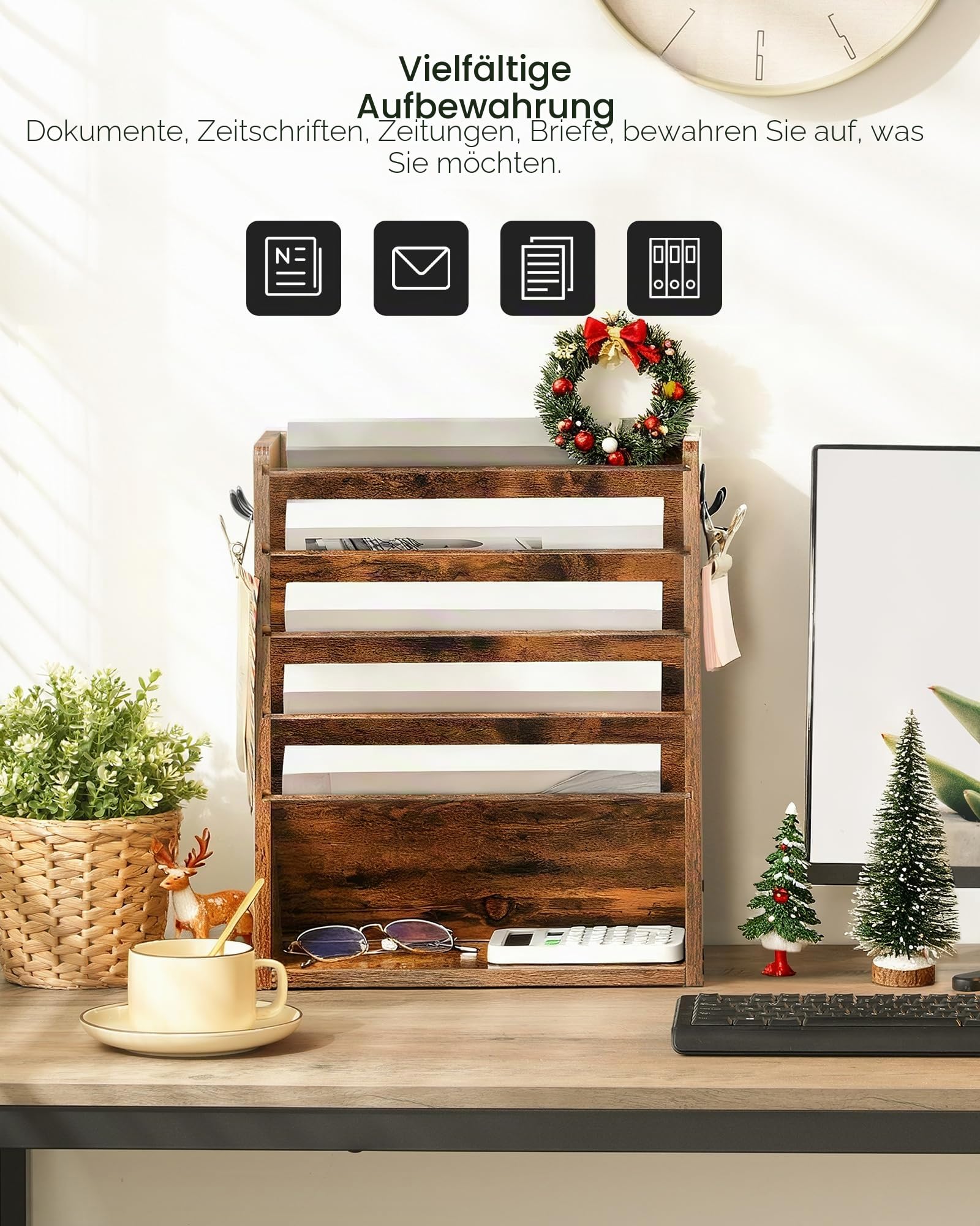 CHOEZON Zeitungshalter Wand, Wandorganizer aus Holzwerkstoff, Wandmontierter Ordner-Organisator, 6-stufiges Dokumentenregal, mit 2 Haken, für das Home Office, Rustikales Braun DMWJ01FG