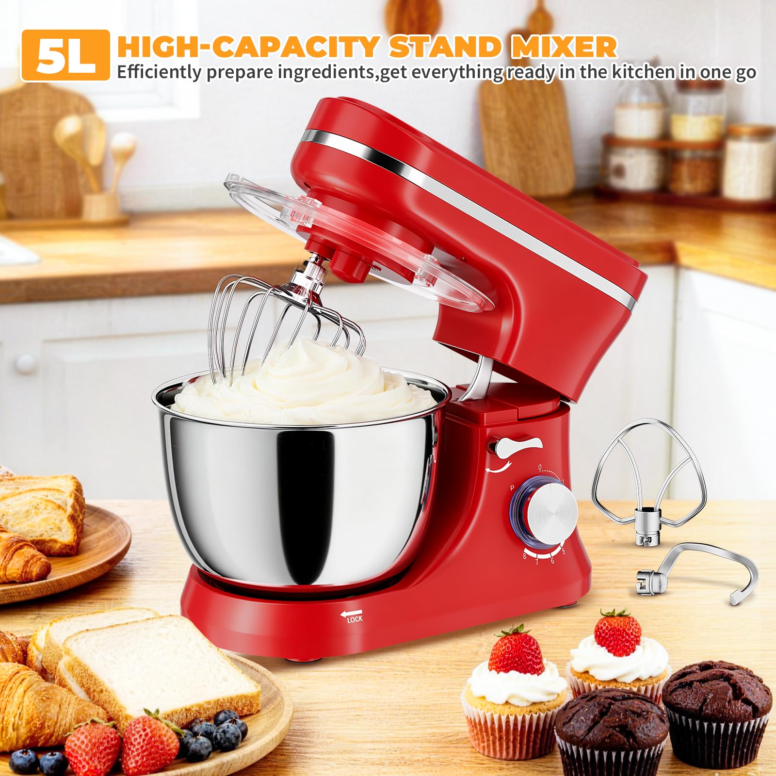 Impastatrice Planetaria,1000W, 8 Velocità,Pulse,Ciotola in Acciaio Inossidabile 5L-Impastatrice con Frusta, Gancio Impastare e Mescolatore Perfetta per Ogni Cucina, Rosso