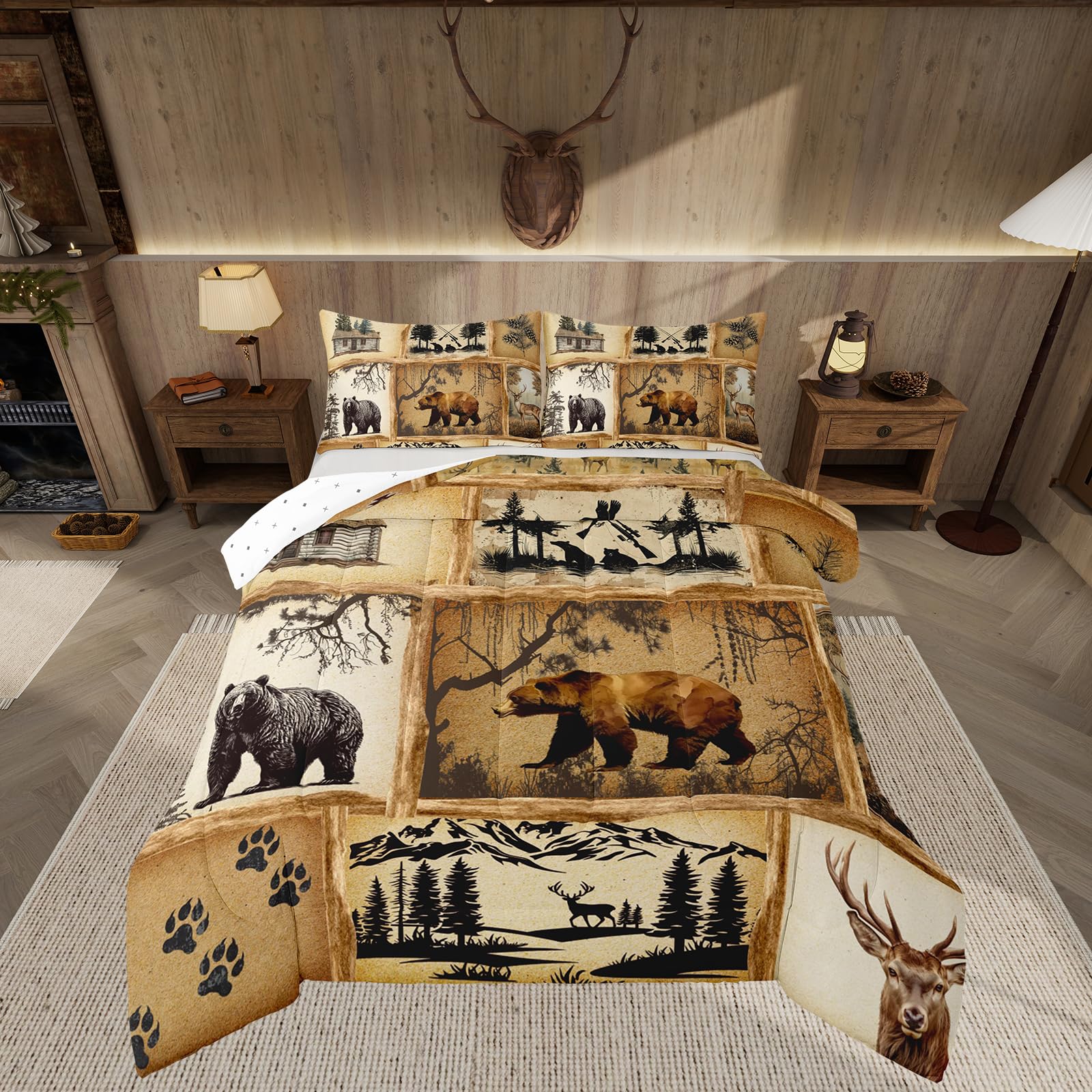 Edredón de animales del bosque juego de ropa de cama oso negro ciervo alce King