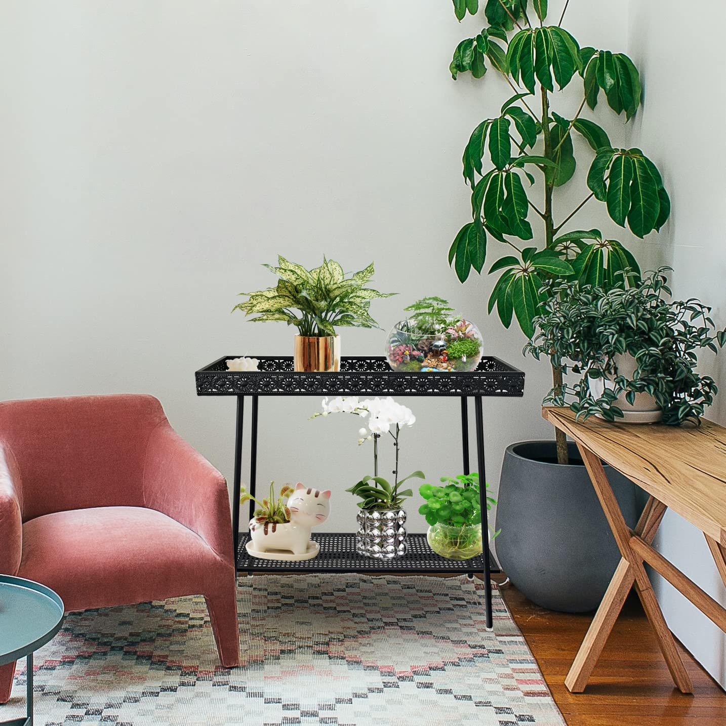 Plantenstandaard voor kamerplanten met groeilampen, hoog metalen rek voor kamerplanten, hoekstandaard in de vorm van een grondpen voor woonkamer, terras (zwart