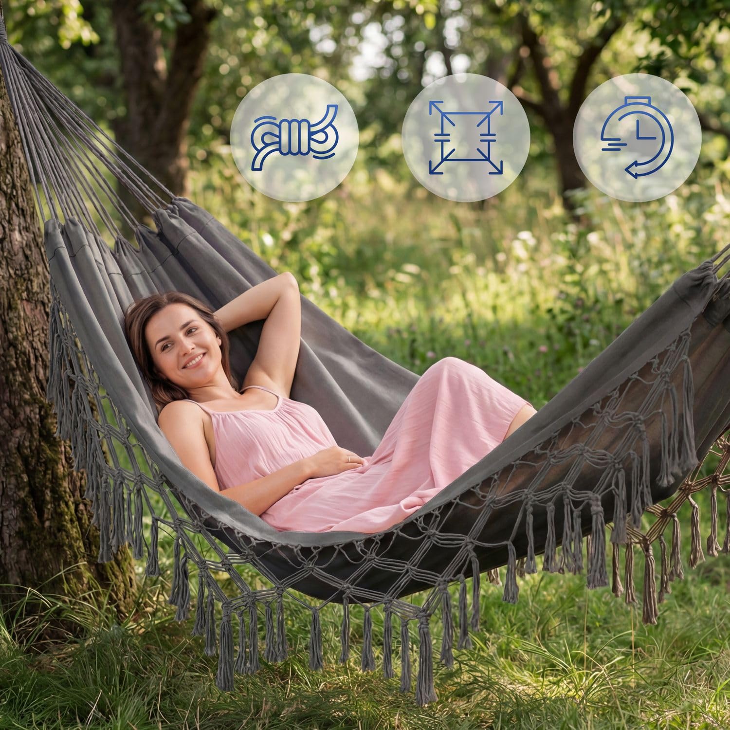 Hamac Suspendu - 200 x 150 cm - Hamac de Camping et Jardin Confortable - 250kg Capacité de Charge - 1-2 Personnes pour Intérieur, Balcon, Extérieur (Gris foncé)