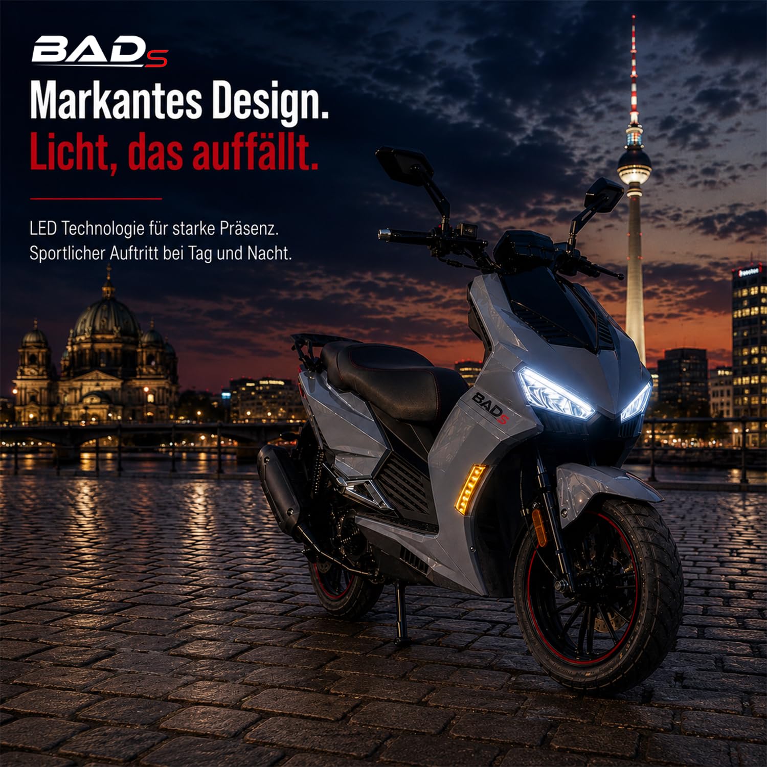 Burnout Motorroller 50 ccm BAD S, Grau, 45 km/h, Euro 5, EFI Einspritzung, Voll-LED, Keyless Go, Alarmanlage, USB-Ladedose, hydraulische Scheibenbremsen v/h