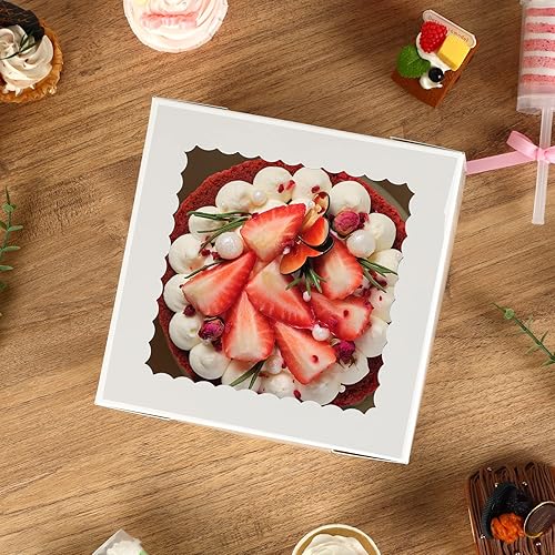 Miniatura 5 de Moretoes Paquete de 6 cajas para pasteles de 8 x 8 x 10 pulgadas de alto con tablas de pastel, caja blanca para pasteles con ventana, portador de