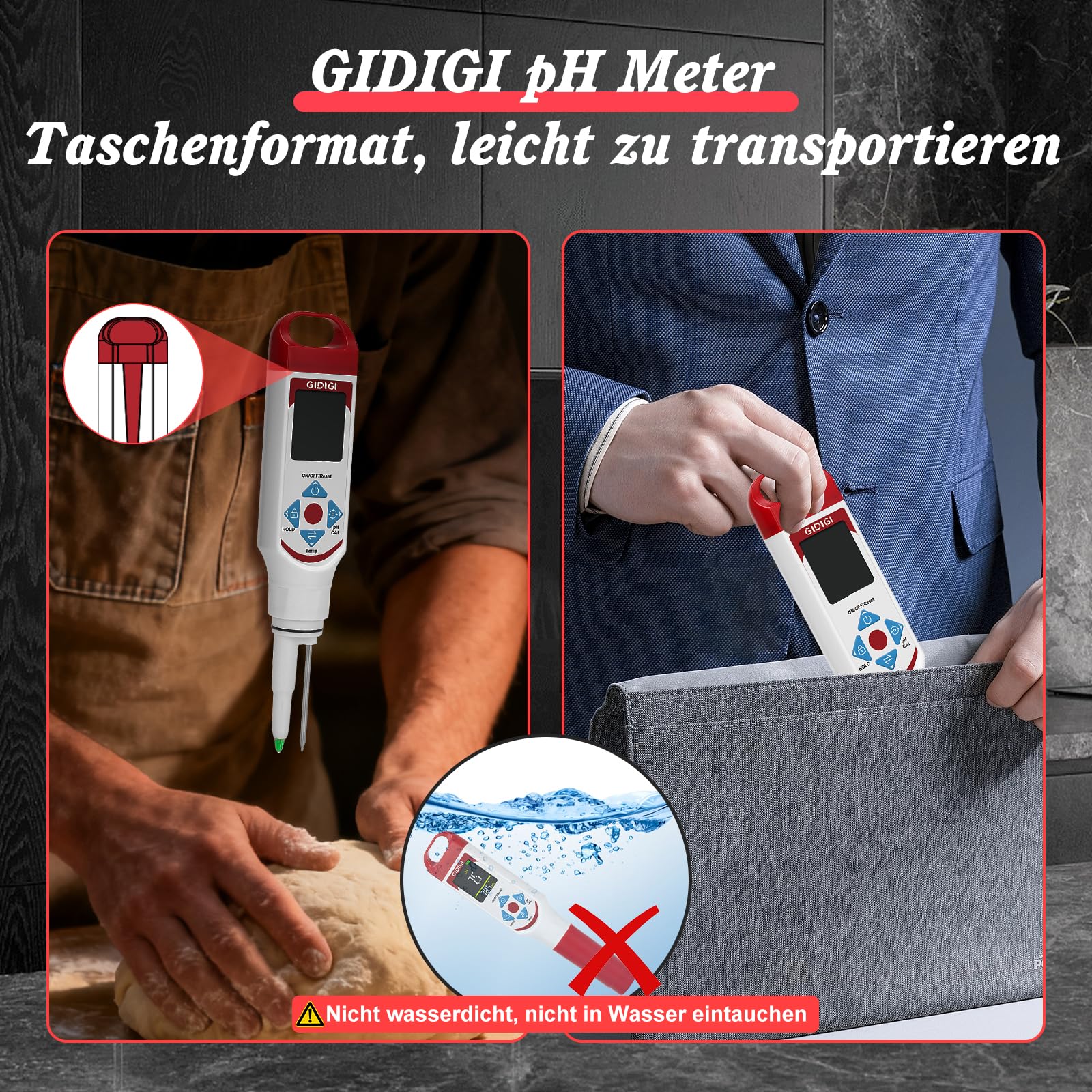 pH Messgerät für Lebensmittel zur Fermentation mit pH-Kalibrierungskits, Farbdisplay, Speerspitze, pH-Lebensmitteltester mit ATC für Kosmetika, Sauerteig, professionelle pH-Teststreifen