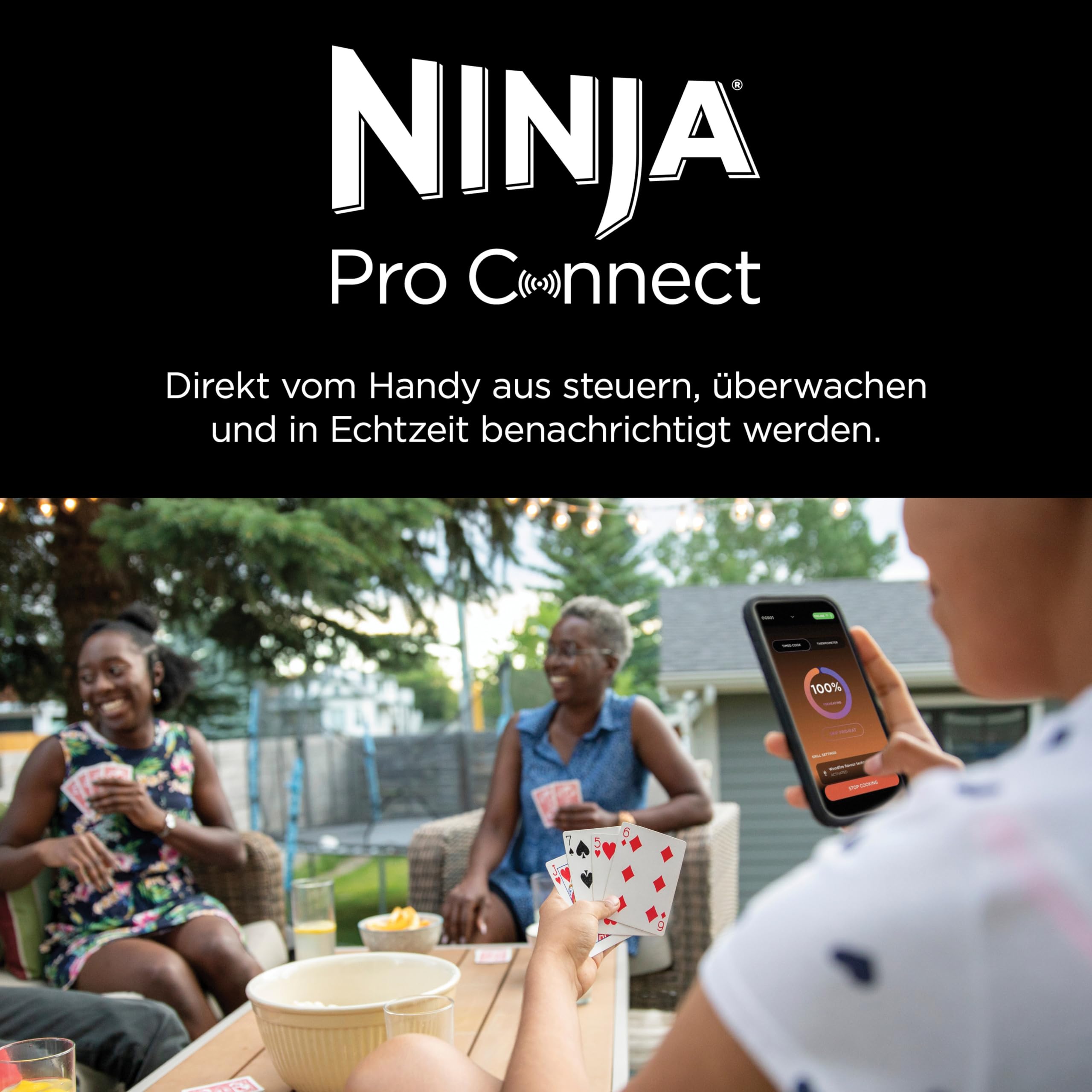 Ninja Woodfire Pro Connect XL Elektrischer BBQ Smoker Grill, App-Steuerung, digitaler Temperaturfühler, 7-in-1 Outdoor Grill elektrisch & Air Fryer mit Woodfire Pellets, wetterfest, Schwarz OG901EU