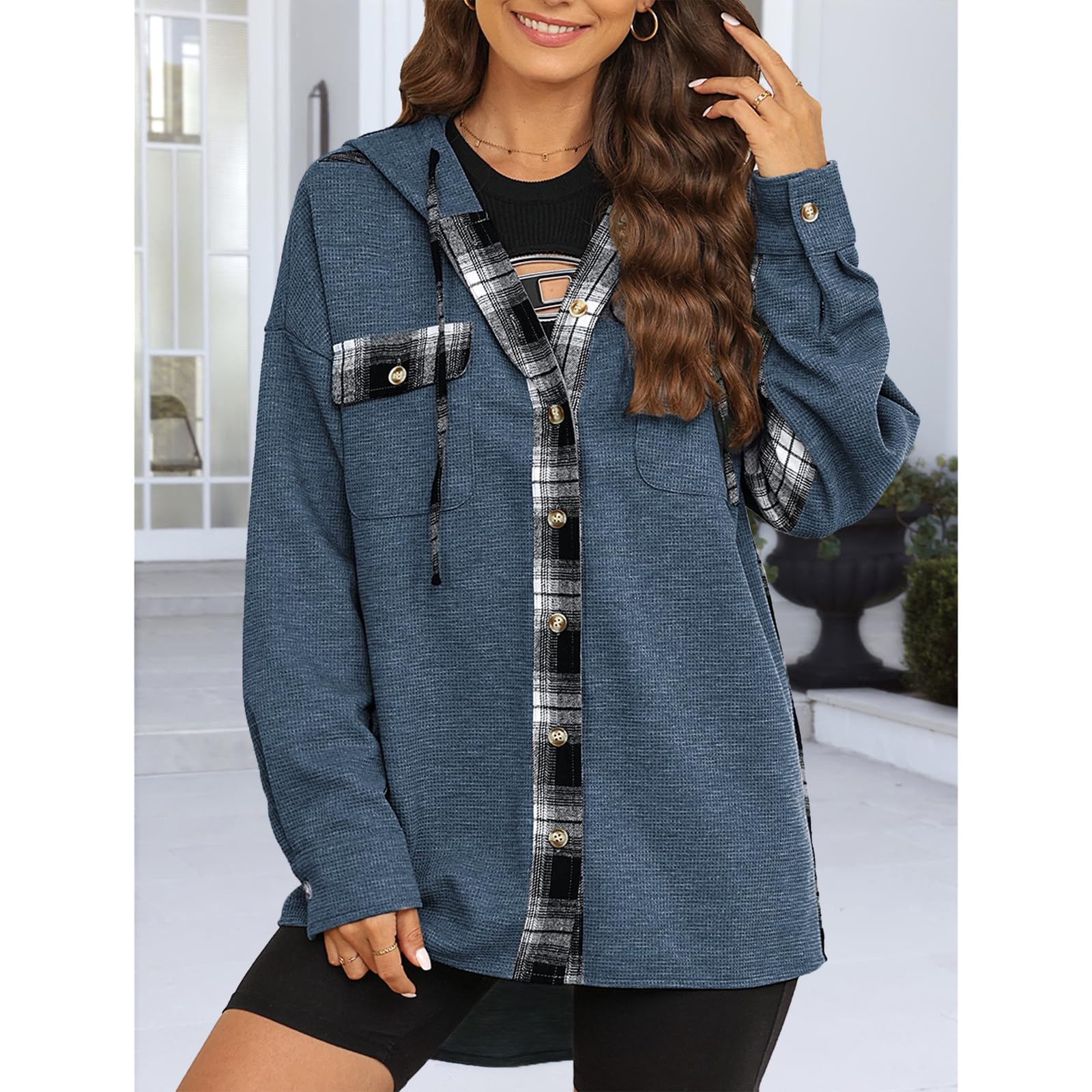 YNIQUE Chemise à Carreaux Femme Chemise Longues Classique Blouses Boutonnées Col en V Hoodie Manche Longue Automne Hiver Top Blouse Chic et élégant