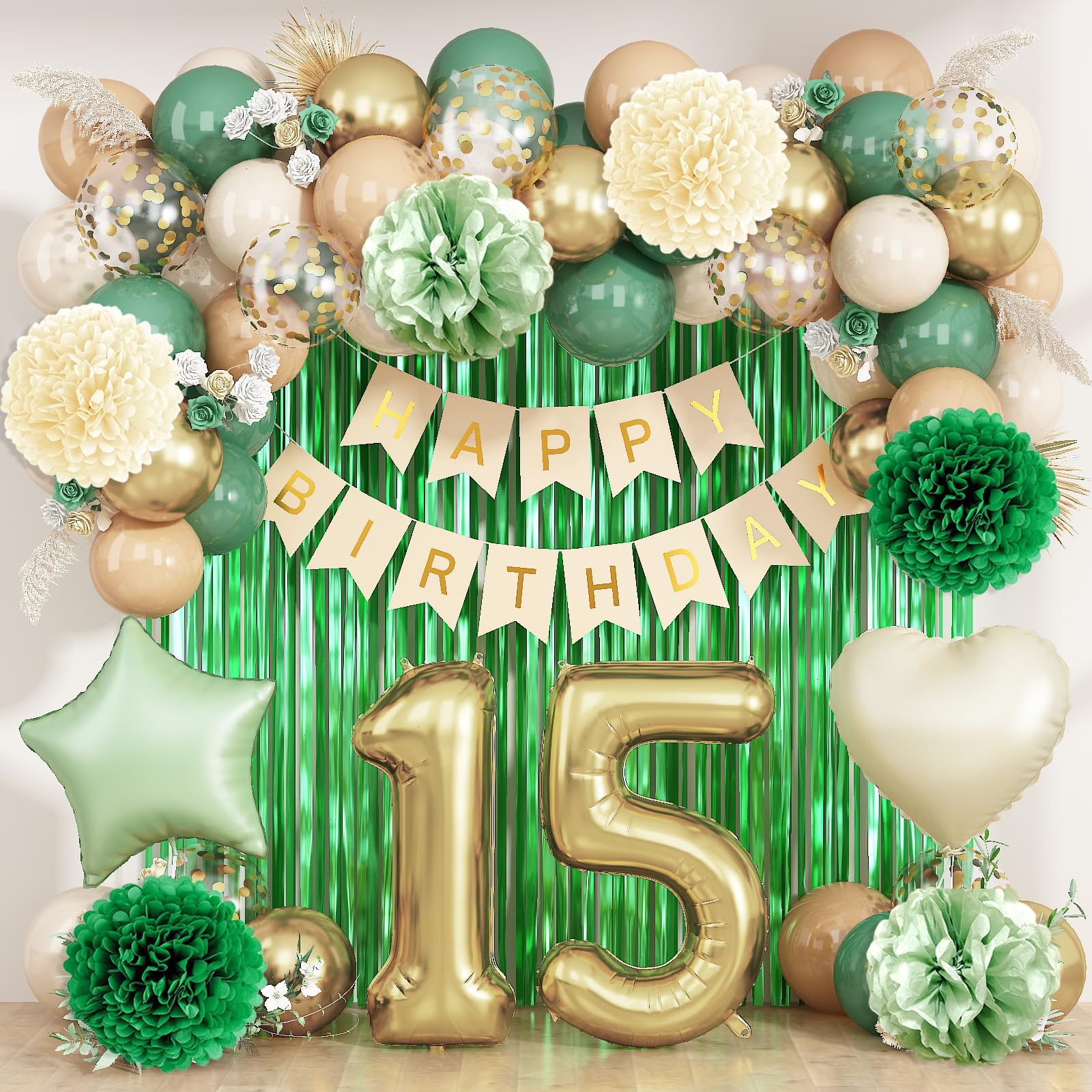 Sage Green 15th Birthday Decorations for Boys Girls Gold Number 15 Balloon Nude Gold Happy Birthday Banner Fringe Curtain Paper Pom Poms Olive Green