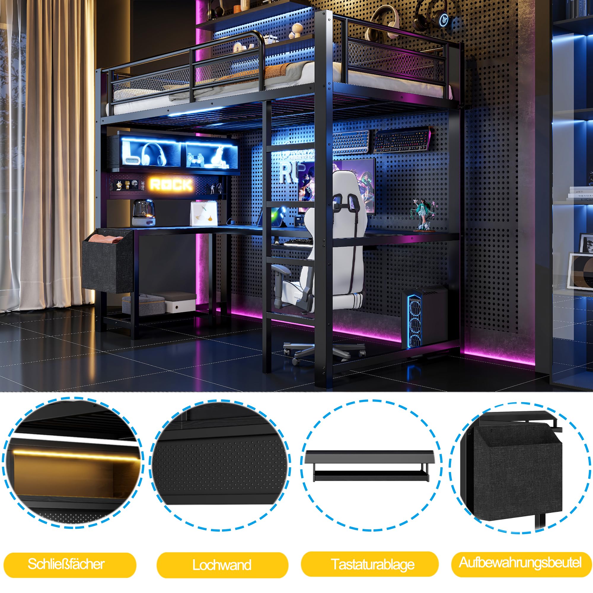 Letto a soppalco da gaming, 90 x 200 cm, bianco, con LED, scomparti portaoggetti e stazione di ricarica, nero