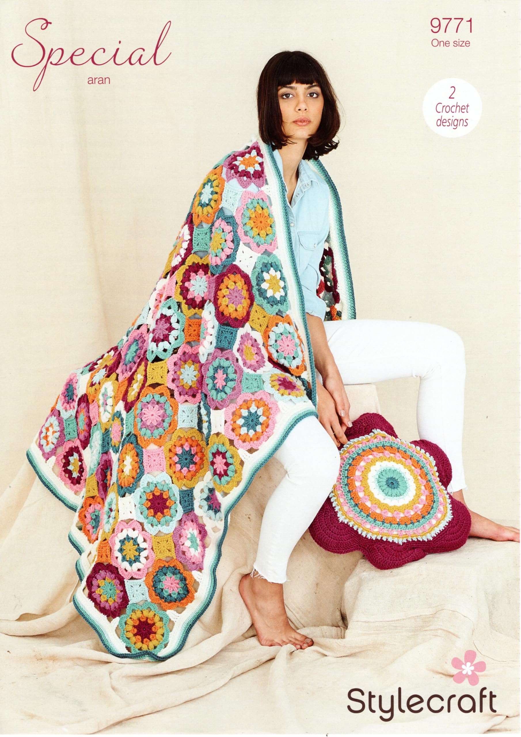 Stylecraft Special Aran Crochet Pattern - 9771 Playful Posy Blanket & Cushion, 54in x 66in