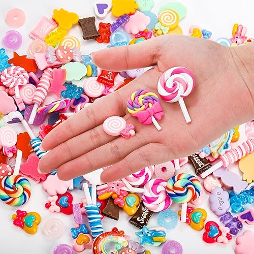 Miniatura 3 de ZOOFOX Juego de 220 dijes de limo de dibujos animados lindos de resina mixta de caramelo adornos de resina con parte trasera plana suministros para