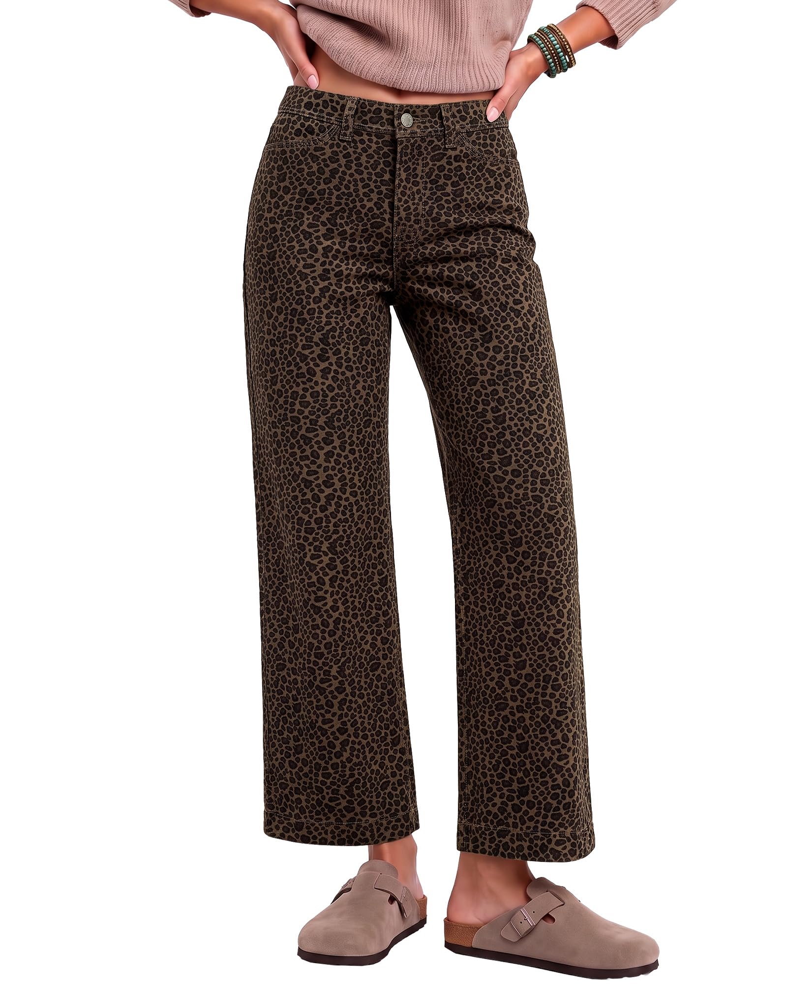 luvamia Wide Leg Jeans for Women Leopard Cheetah Print Ankle Denim Pants | Leopard Pants Women, Animal Print, Stretch Denim, 28" Inseam, High Waisted Jeans for Women Trendy, Western Chic Fall Outfits